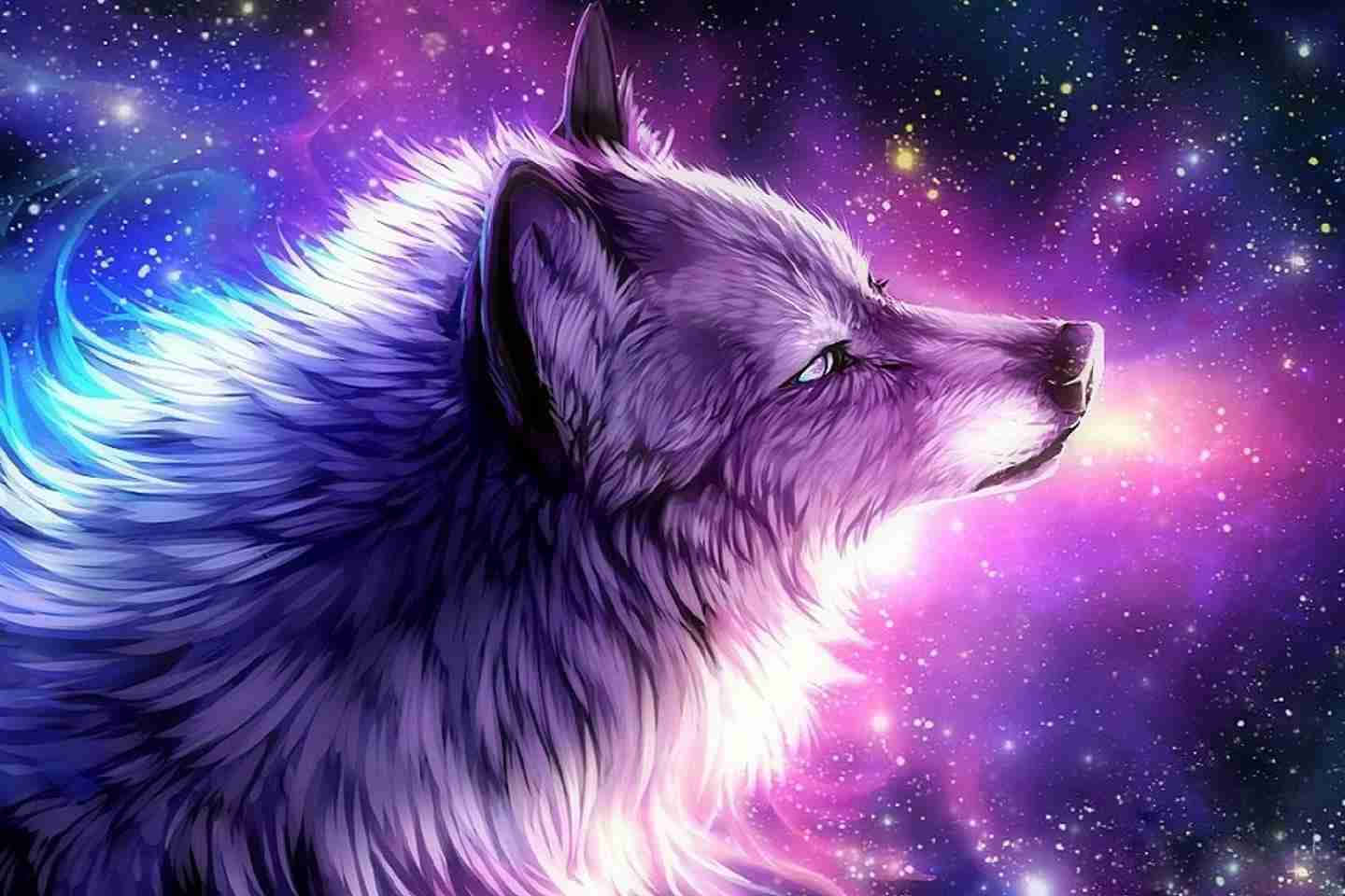 一隻擁有發光毛皮的紫色狼，背景是星空宇宙。