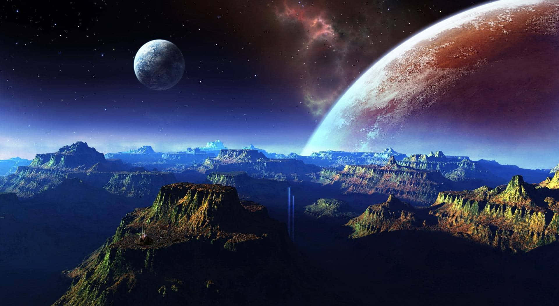 外星峽谷景觀，星空中有巨大的行星和月亮