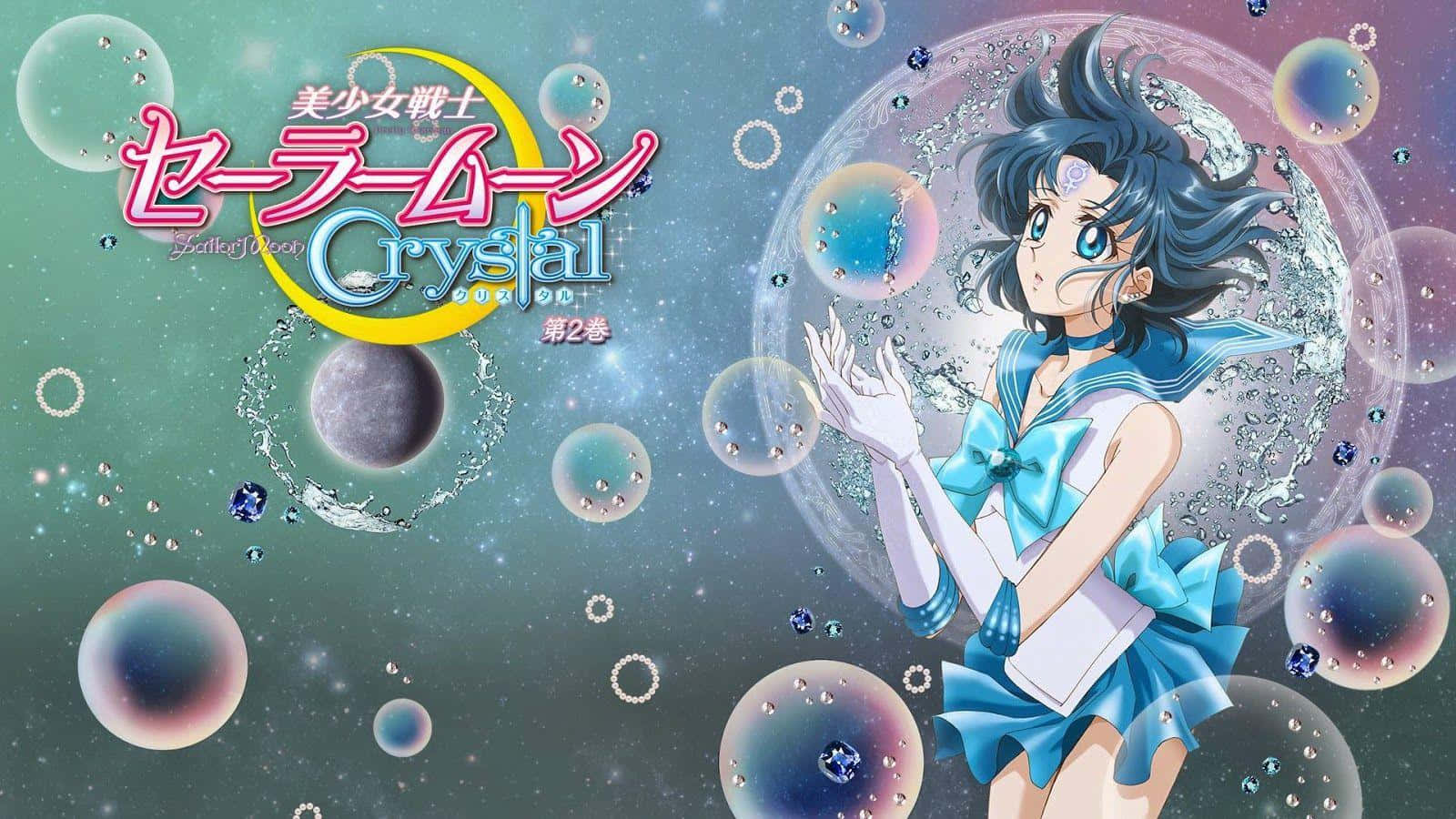 Sailor Moon 動畫角色穿著藍色制服，在太空中被發光氣泡包圍。