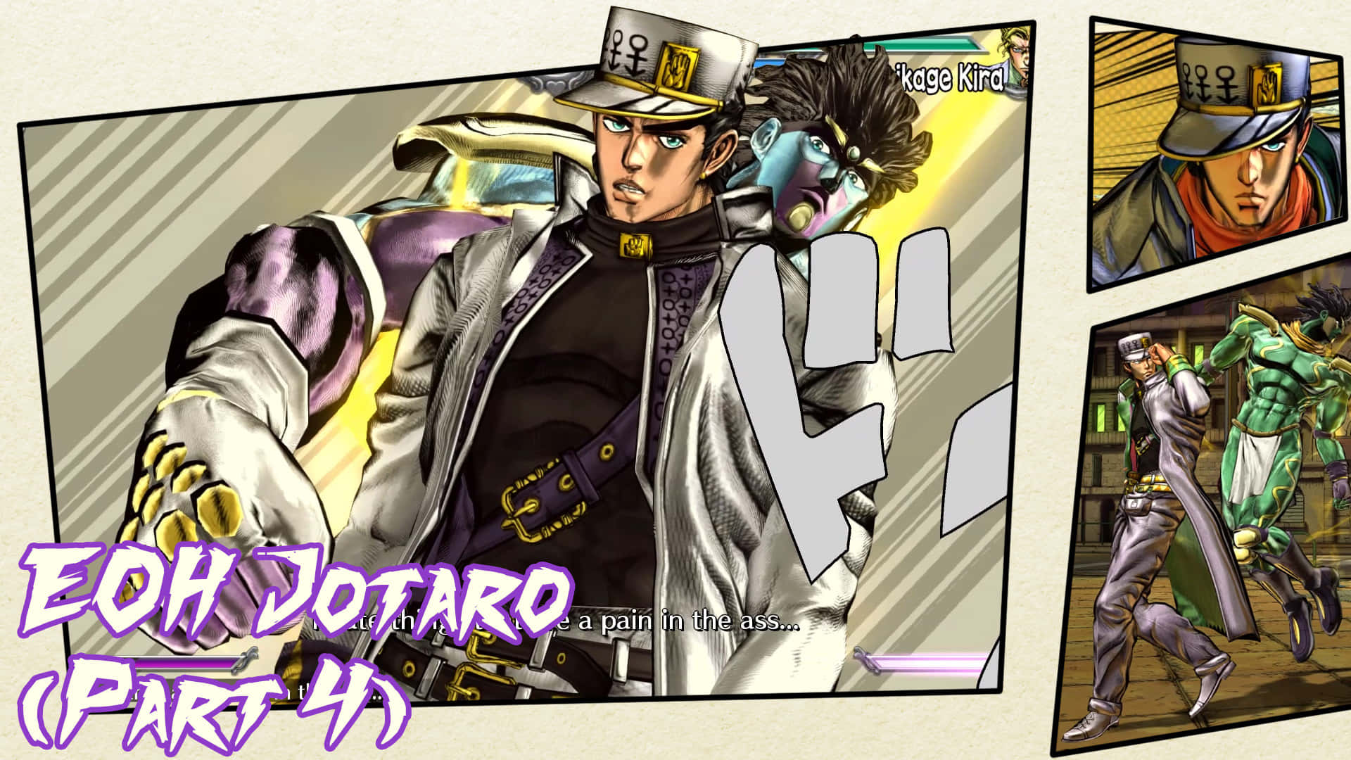 Jotaro Kujo 和他的替身 Kira 在 JoJo's Bizarre Adventure 的漫畫面板中。