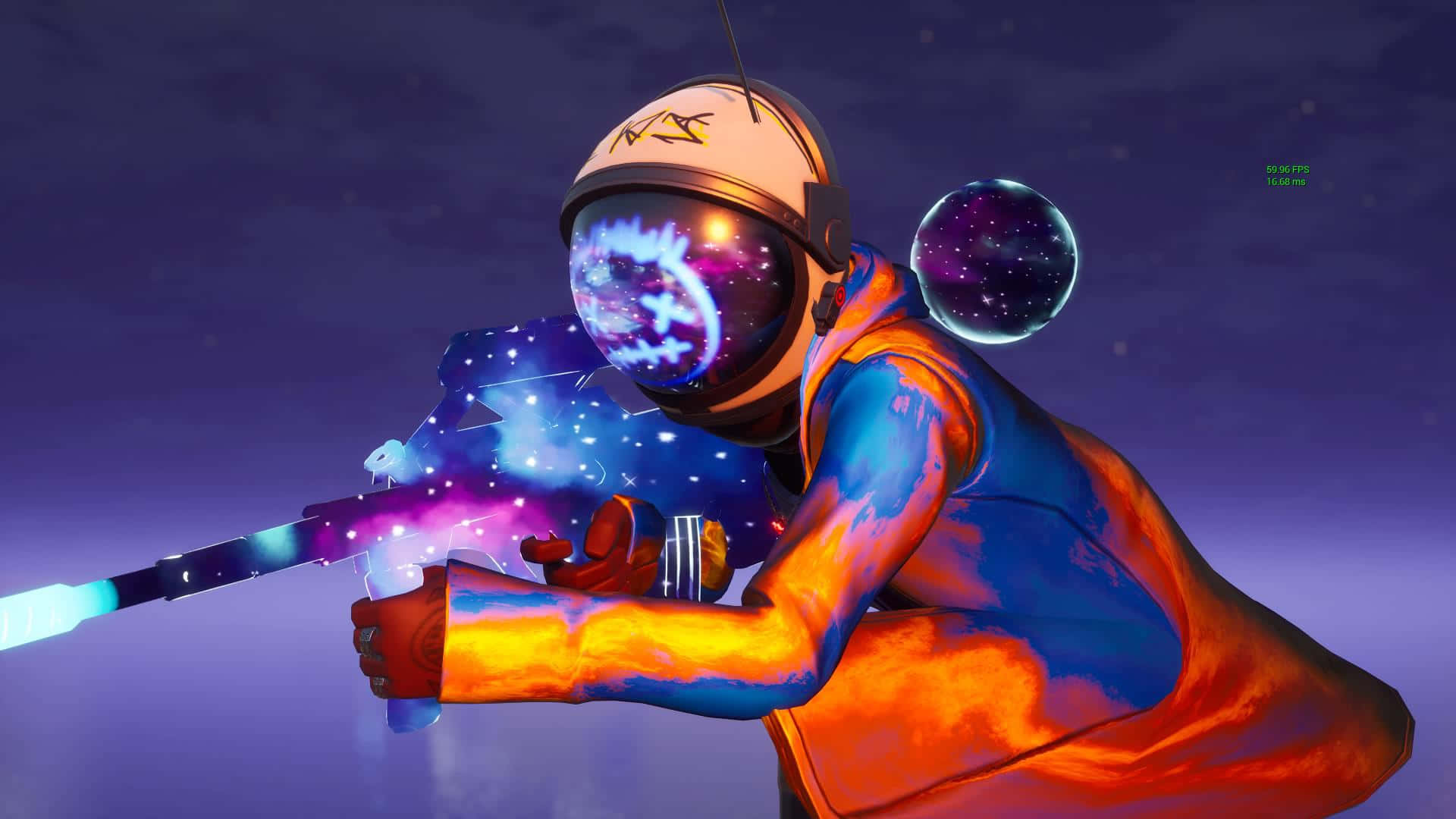 一位身穿太空服的太空人在繁星點點的宇宙環境中發射發光武器。