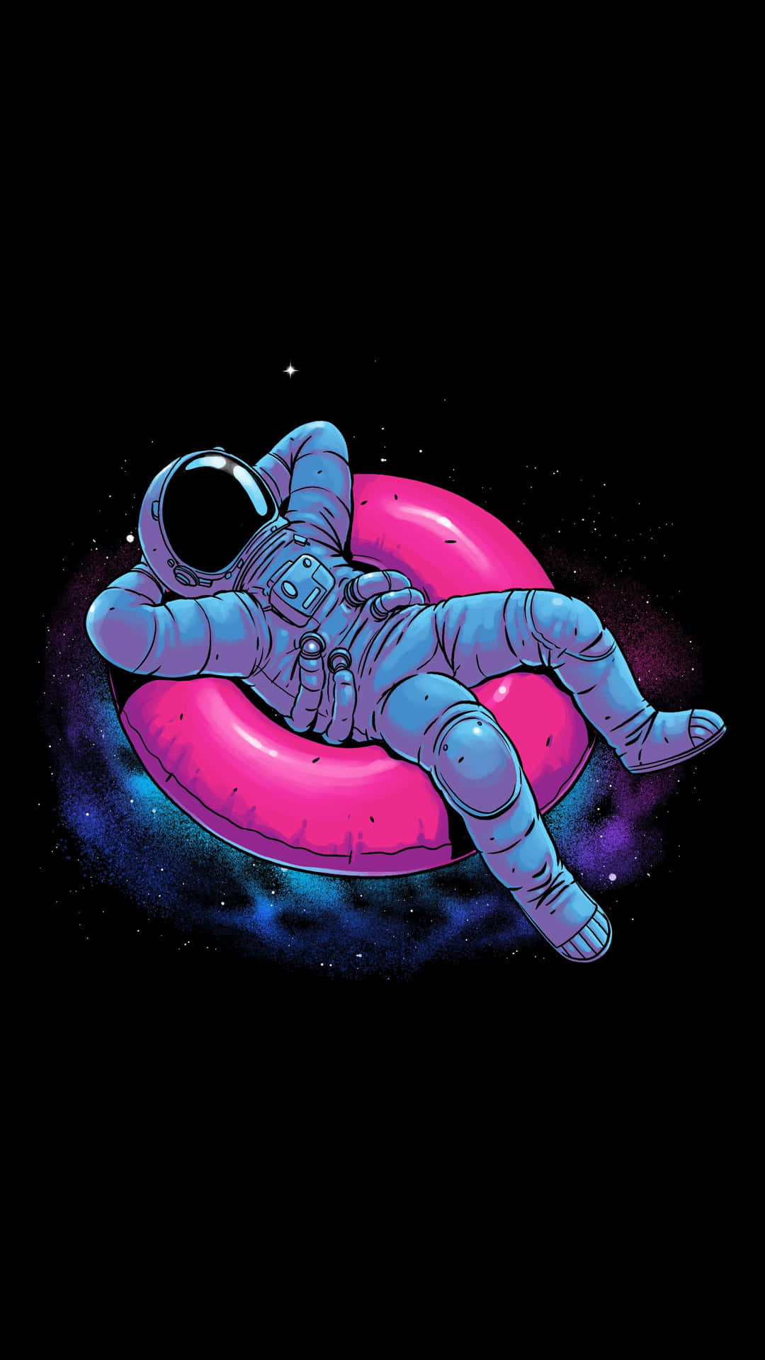 太空人喺星空環繞下坐喺粉紅色充氣圈上漂浮喺太空。