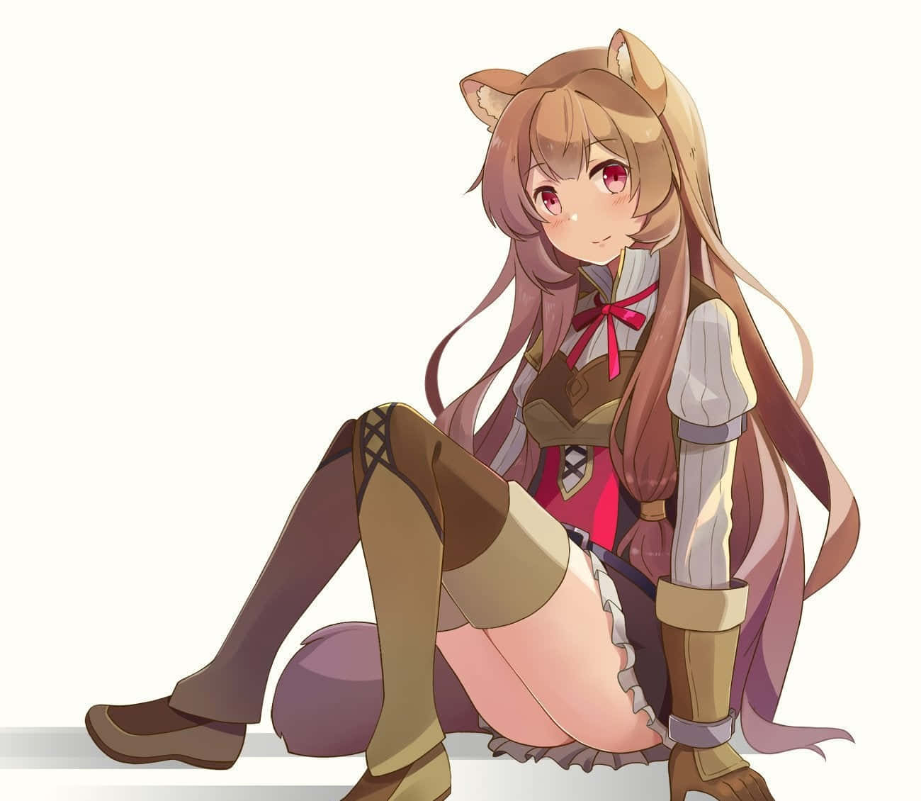 勇敢的拉菲塔莉，動漫戰士 壁紙 — 一個可愛的動漫女孩，有狐狸耳朵和長長的棕色頭髮，穿著幻想服裝，盤腿坐在純白色背景前。