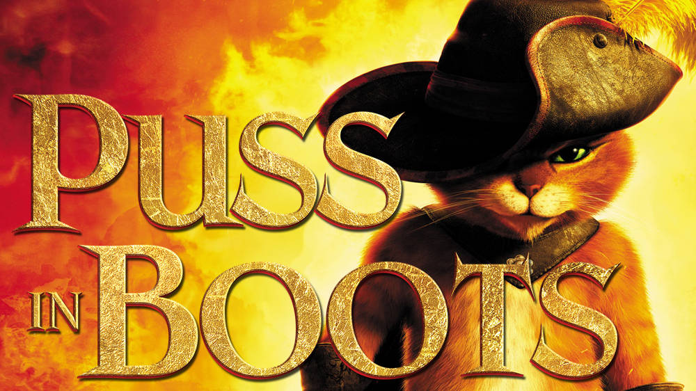 Puss in Boots 貓咪穿著海盜裝備，背景火熱。