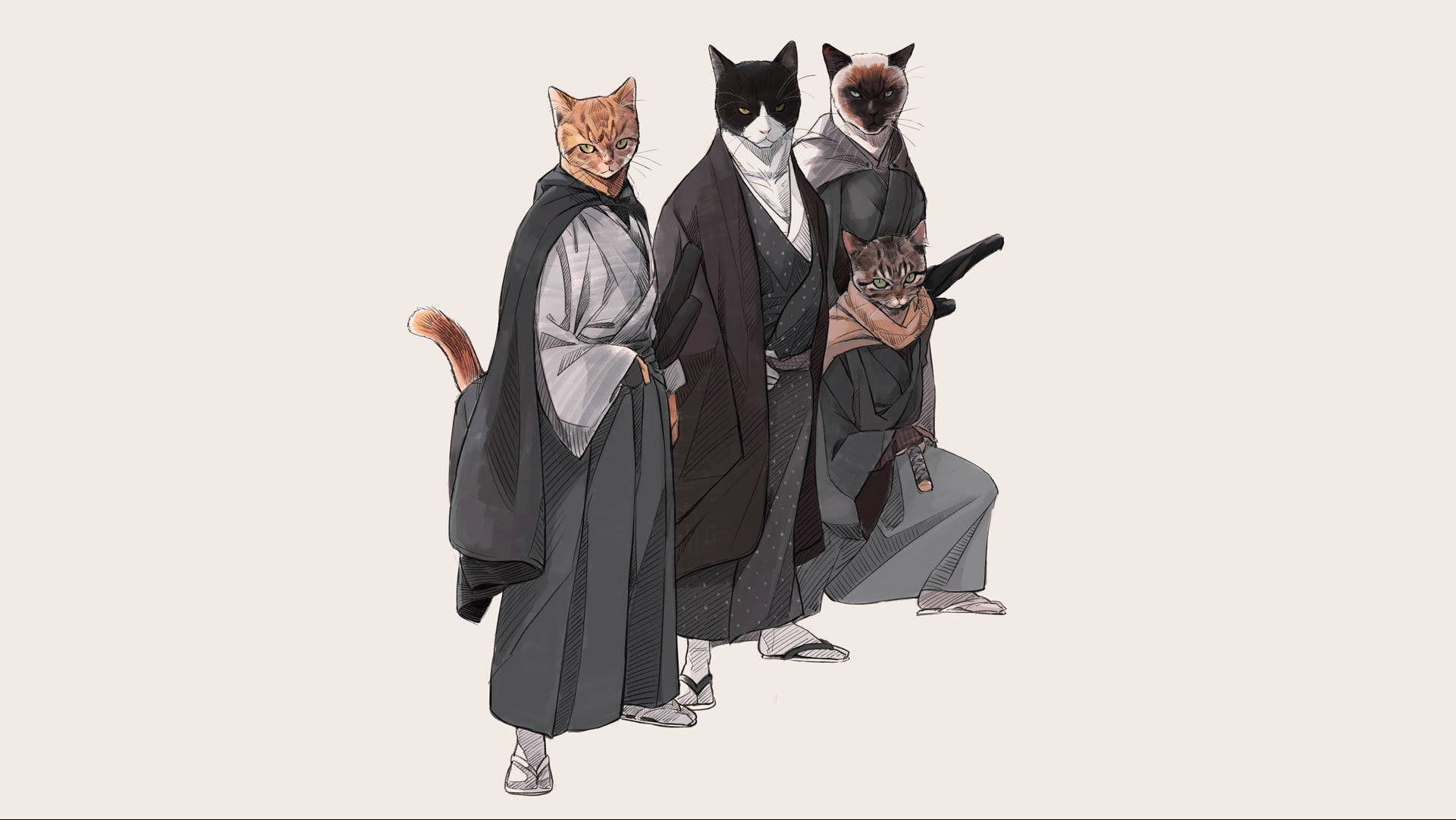 三隻貓武士穿著傳統長袍，其中一隻抱著一隻小貓。