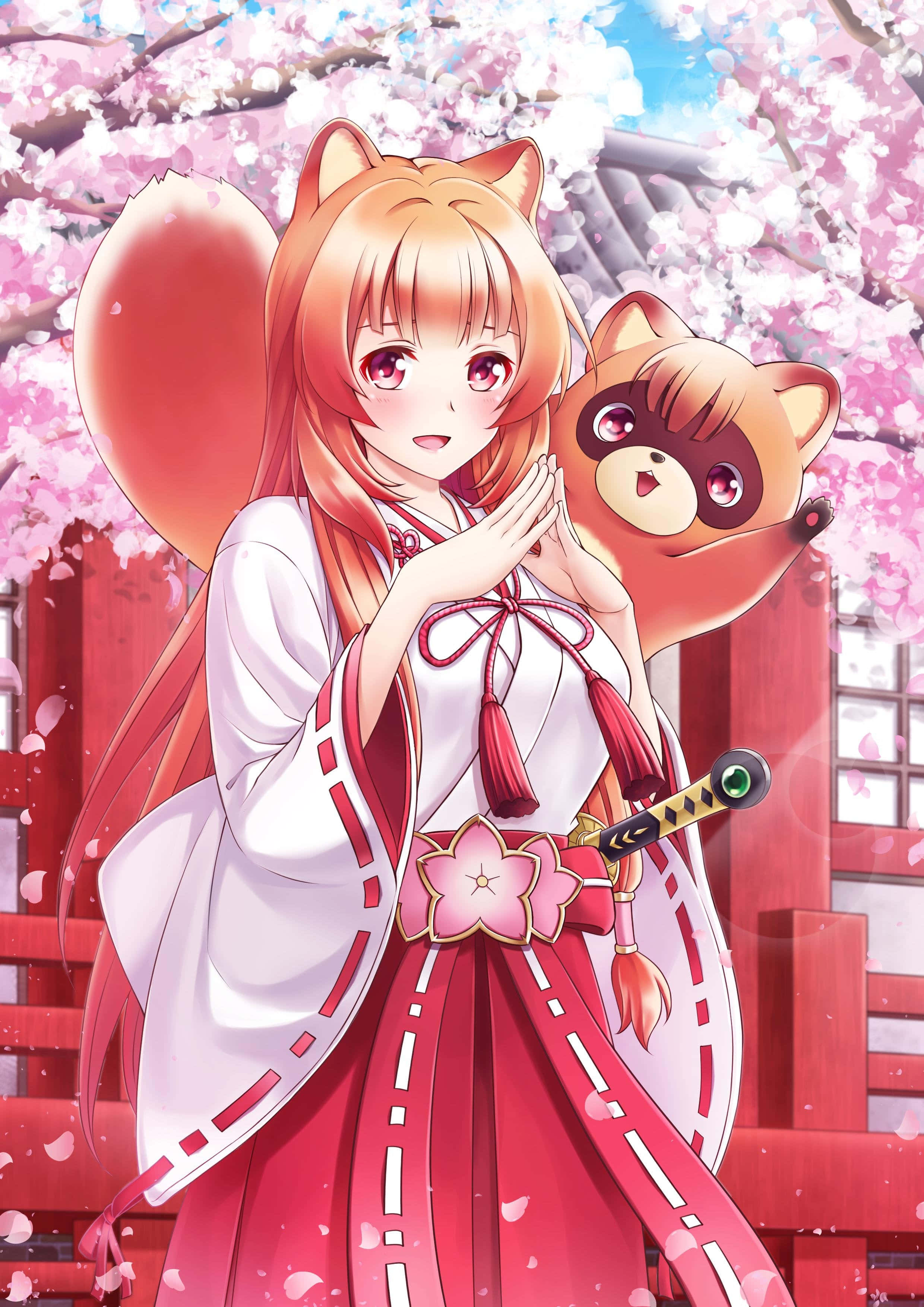 「勇敢站立，面對你最大的挑戰」 壁紙 — 一個開心的動漫狐女，穿著紅白和服，在盛開的櫻花下抱著一隻浣熊狗毛絨玩具。