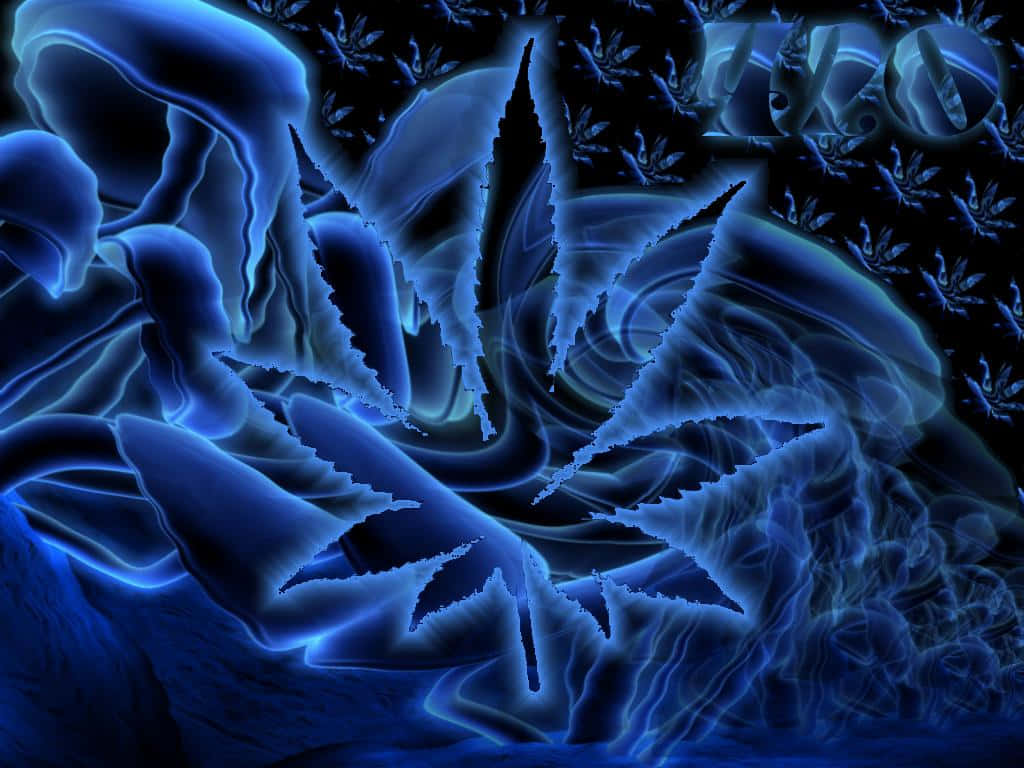 藍色分形葉片在黑暗背景下於發光的數位漩渦中旋轉。