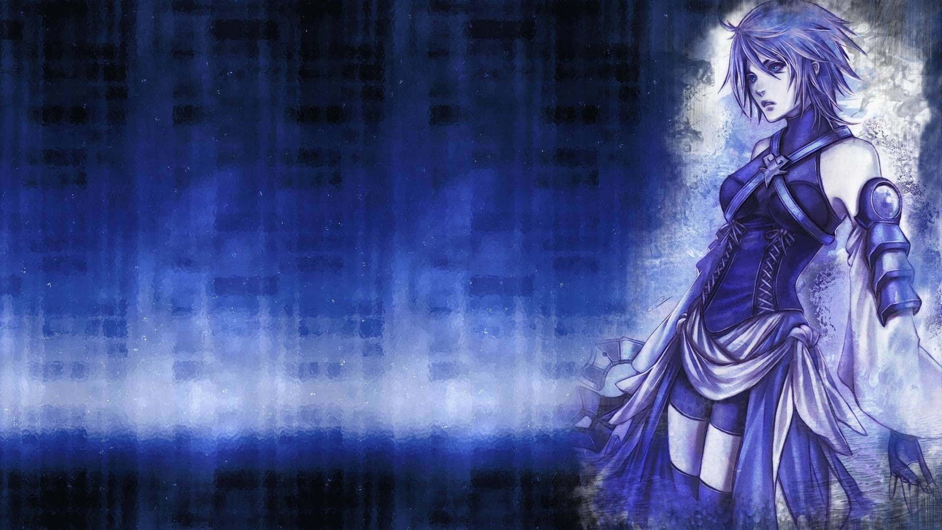 勇敢而機智的阿奎婭，《王國之心》系列中的經典角色 壁紙 — 一位孤獨的銀髮動漫戰士站在憂鬱的藍色迷霧中，被背後明亮的光芒照亮。