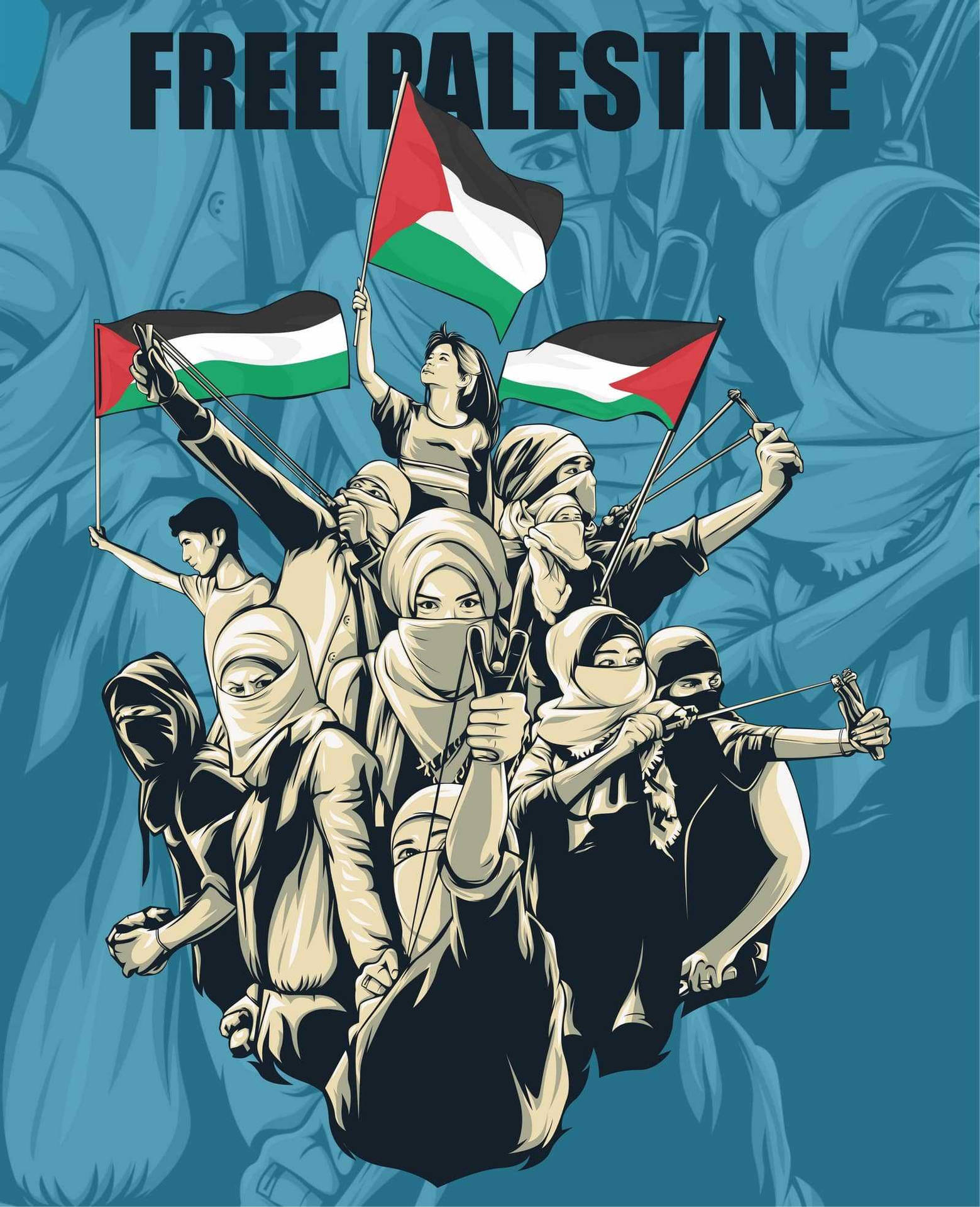 抗議者高舉巴勒斯坦旗幟和弓箭，並帶有文字「FREE PALESTINE」。
