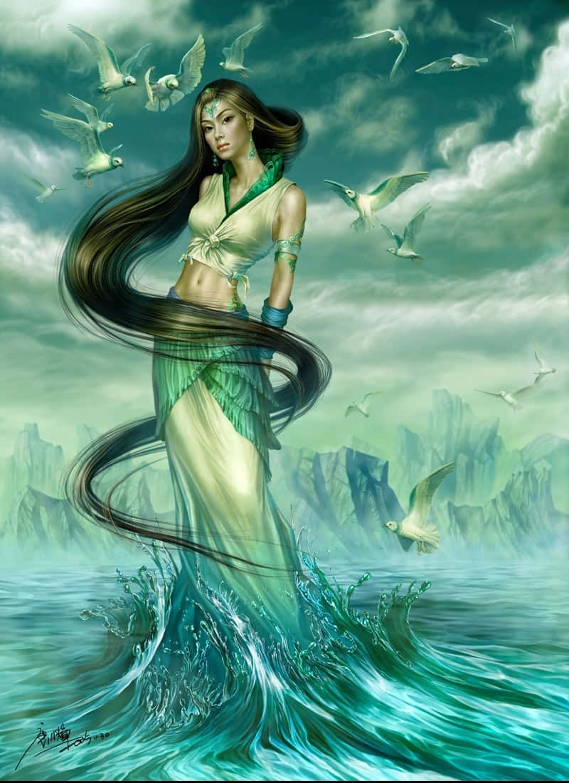 一位神話中的美人魚，長著深色長髮，從海浪中升起，周圍環繞著飛翔的白鳥。