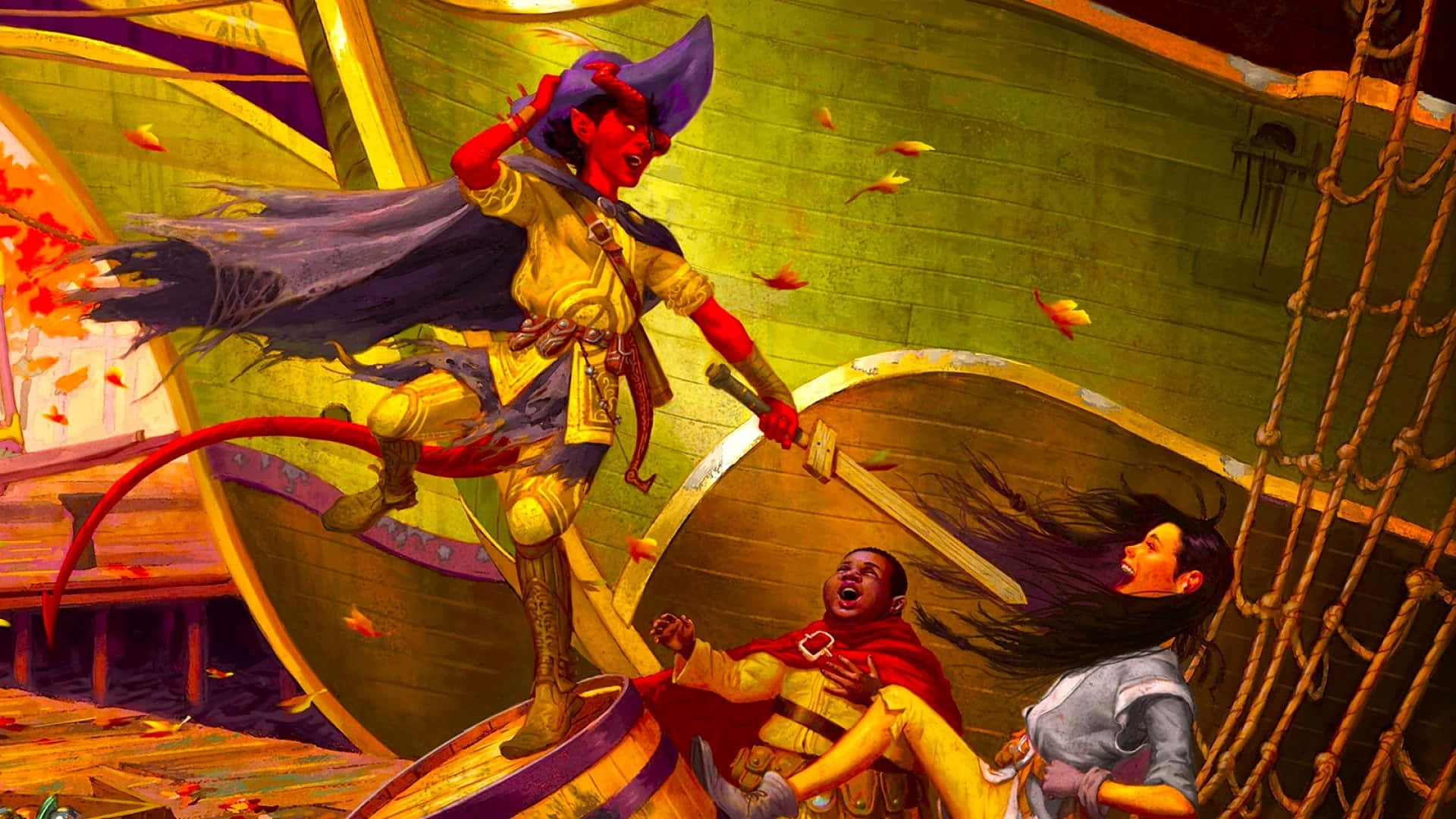 勇敢踏入《龍與地下城》的奇幻世界 壁紙 — 一個紅皮膚的惡魔穿著紫色斗篷，在落葉和兩個驚恐的俘虜之間，動態地跳躍在船甲板上。