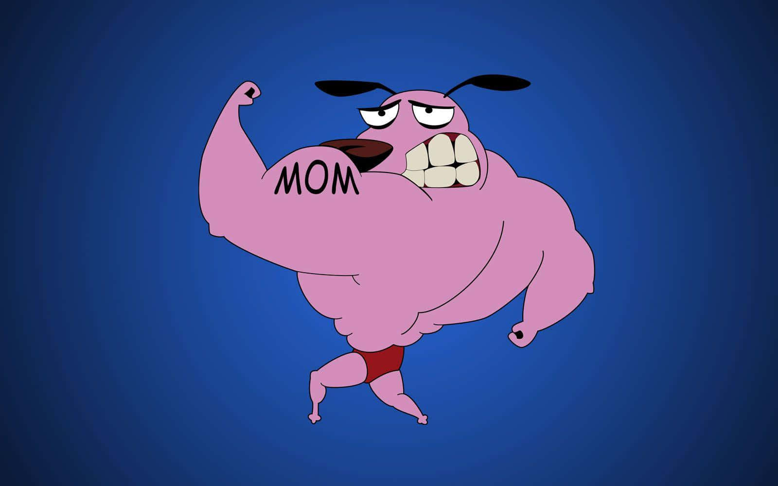 粉紅色卡通角色彎曲手臂，二頭肌上有「MOM」，憤怒表情，藍色背景。