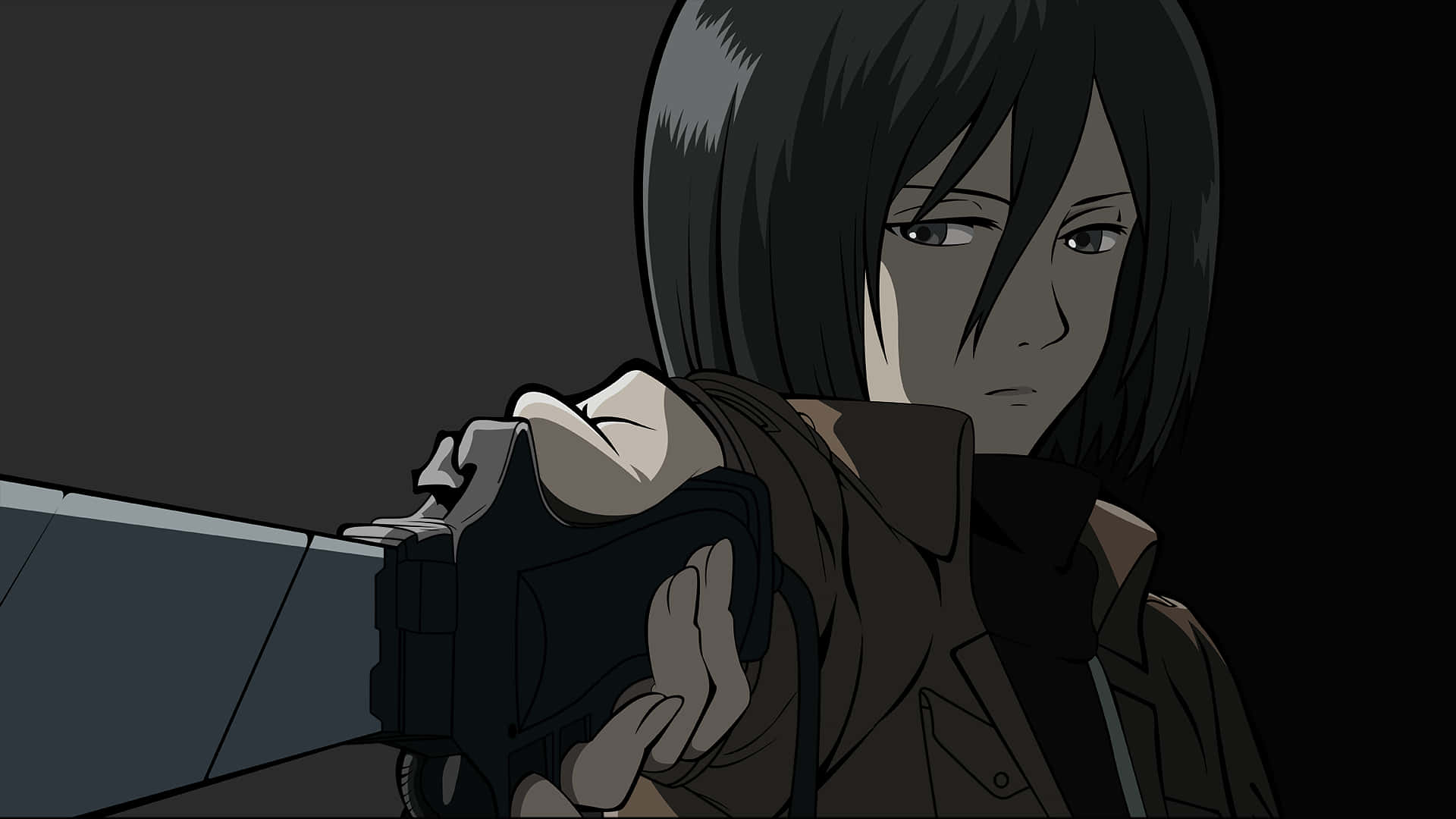 勇氣與優雅的化身 – Mikasa Ackerman 頭像 壁紙 — 一個短黑髮的堅定動漫女孩在昏暗場景中，帶有強烈陰影，瞄準手槍。