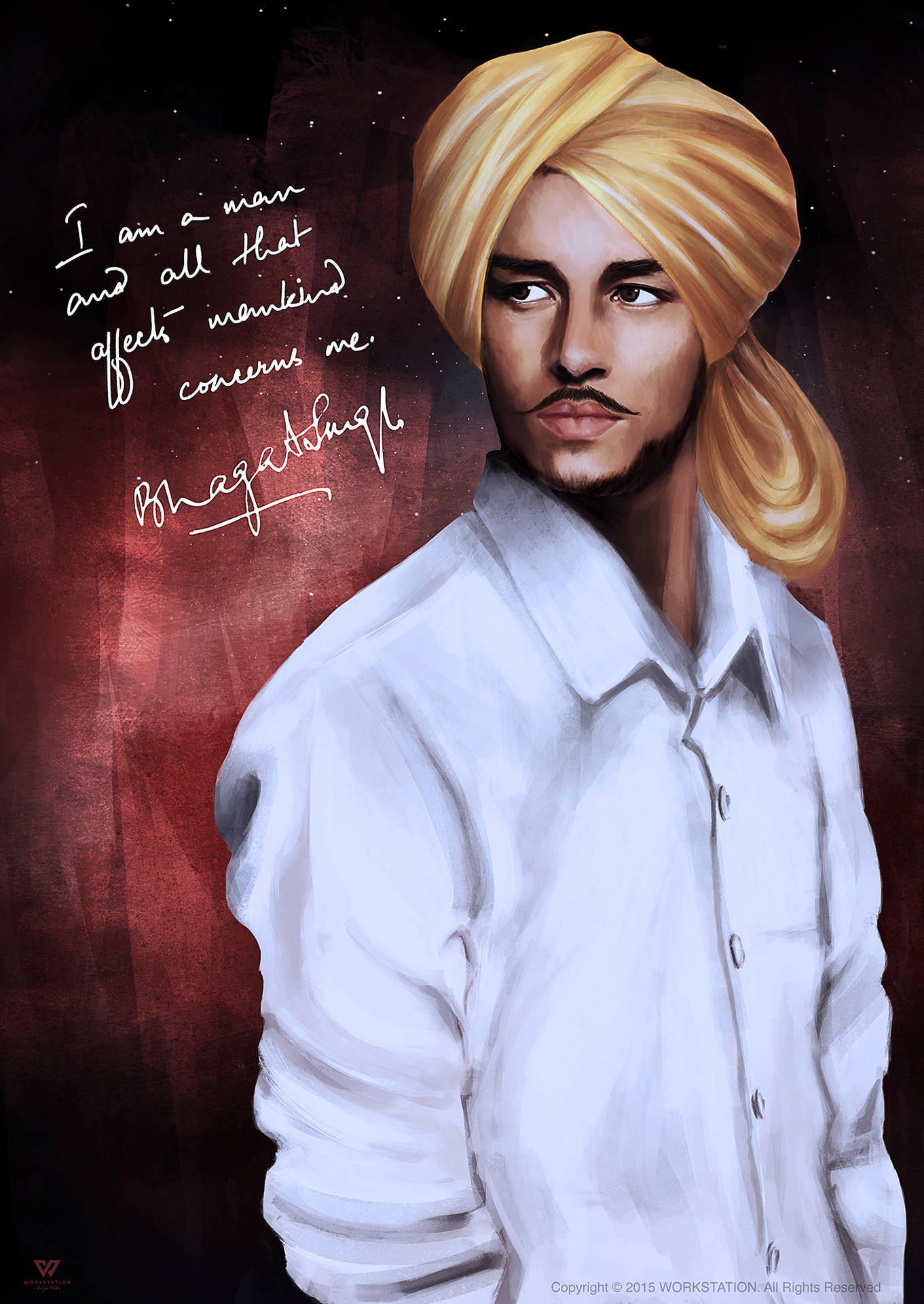 Bhagat Singh 的肖像，戴著金色頭巾和白襯衫，他的名言在紅色星空背景上。