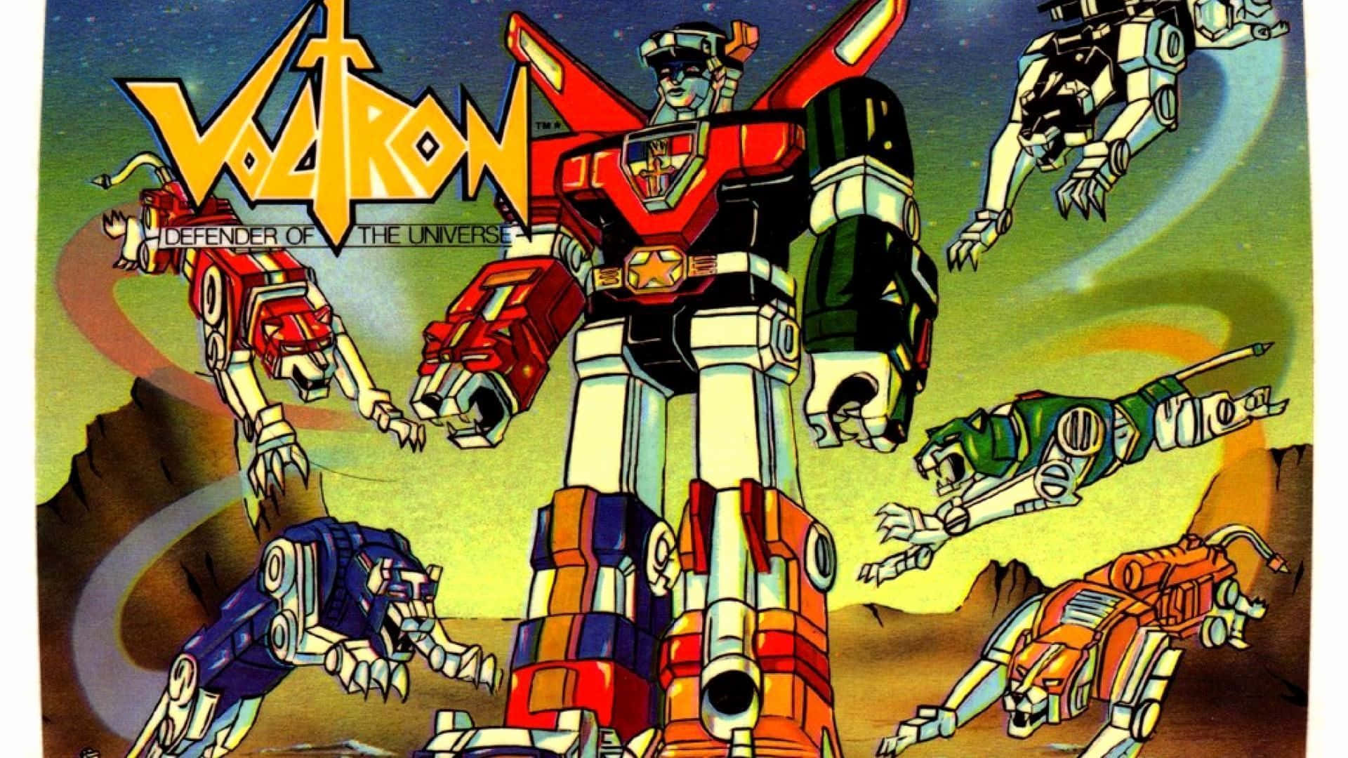 《勇者王GaoGaiGar》1984年五色獅子機器人壁紙 壁紙 — 一座高聳的紅黑相間的Voltron機械人英勇地站立著，五隻獅子機甲在宇宙背景下圍繞著他匯聚。