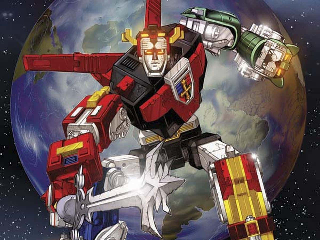 《勇者王GaoGaiGar》2016年機器人守護地球壁紙 壁紙 — 一個紅色和銀色的機械人戰士英勇地站在太空中，揮舞著發光的劍，地球在他身後。