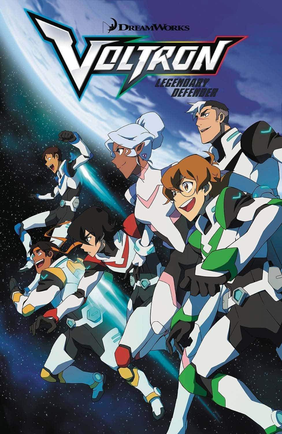 《勇者王GaoGaiGar》第一季海報 壁紙 — 六個動畫英雄穿著未來主義盔甲，在星空太空背景下動態飛行，伴隨行星和發光能量軌跡。