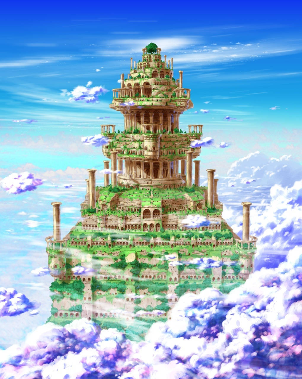 一座浮空城堡，在藍天下雲層之上，擁有綠色植物和石頭建築。