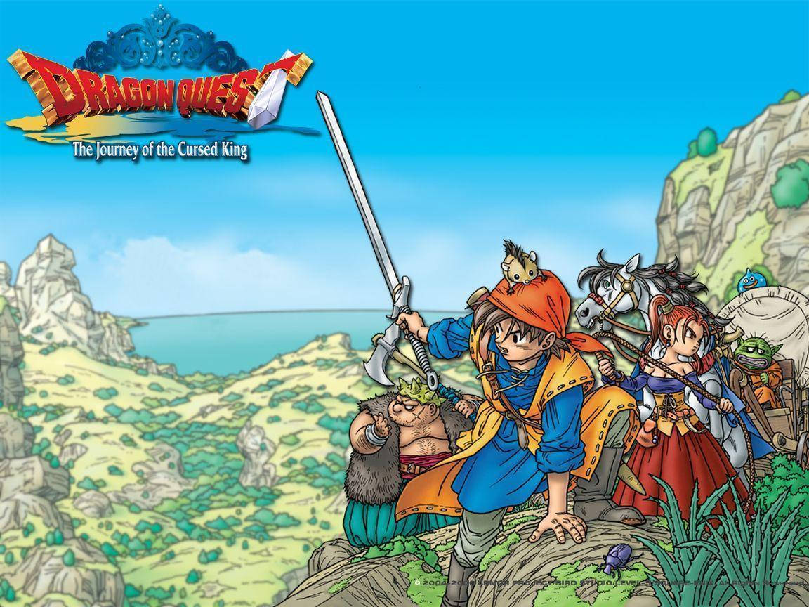 《勇者鬥惡龍VIII》英雄俯瞰懸崖 壁紙 — 一群冒險者與揮舞劍的英雄站在懸崖頂上，俯瞰著明亮藍天下沿海景觀。