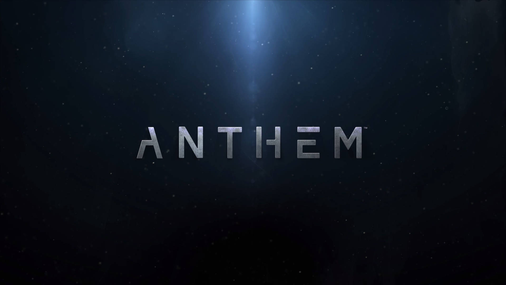 遊戲標題 Anthem 以金屬字體顯示在繁星點點的太空背景上，並帶有光束。