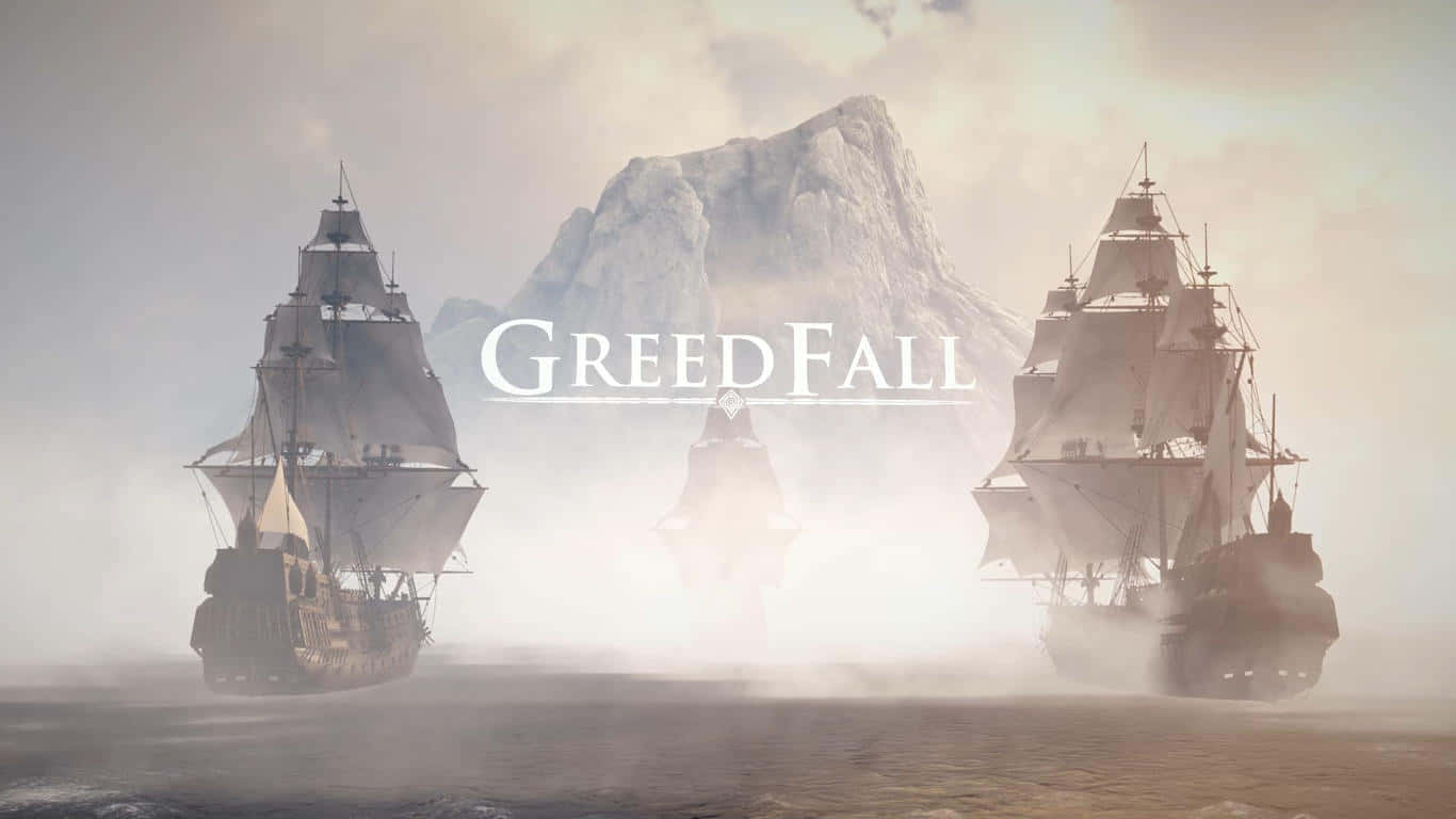 三艘帆船穿過迷霧向山航行，標題 GreedFall。