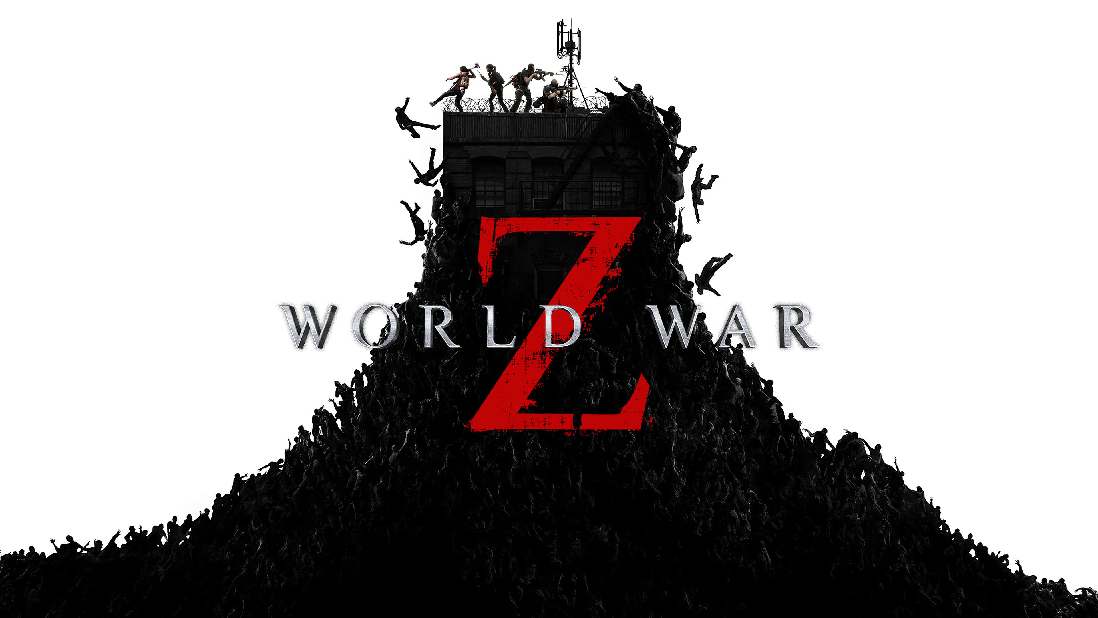 勇闖末日殭屍戰場《World War Z》 壁紙 — 一座由喪屍剪影組成的高聳山丘從建築物屋頂湧現，帶有粗體紅色Z和「WORLD WAR」文字。