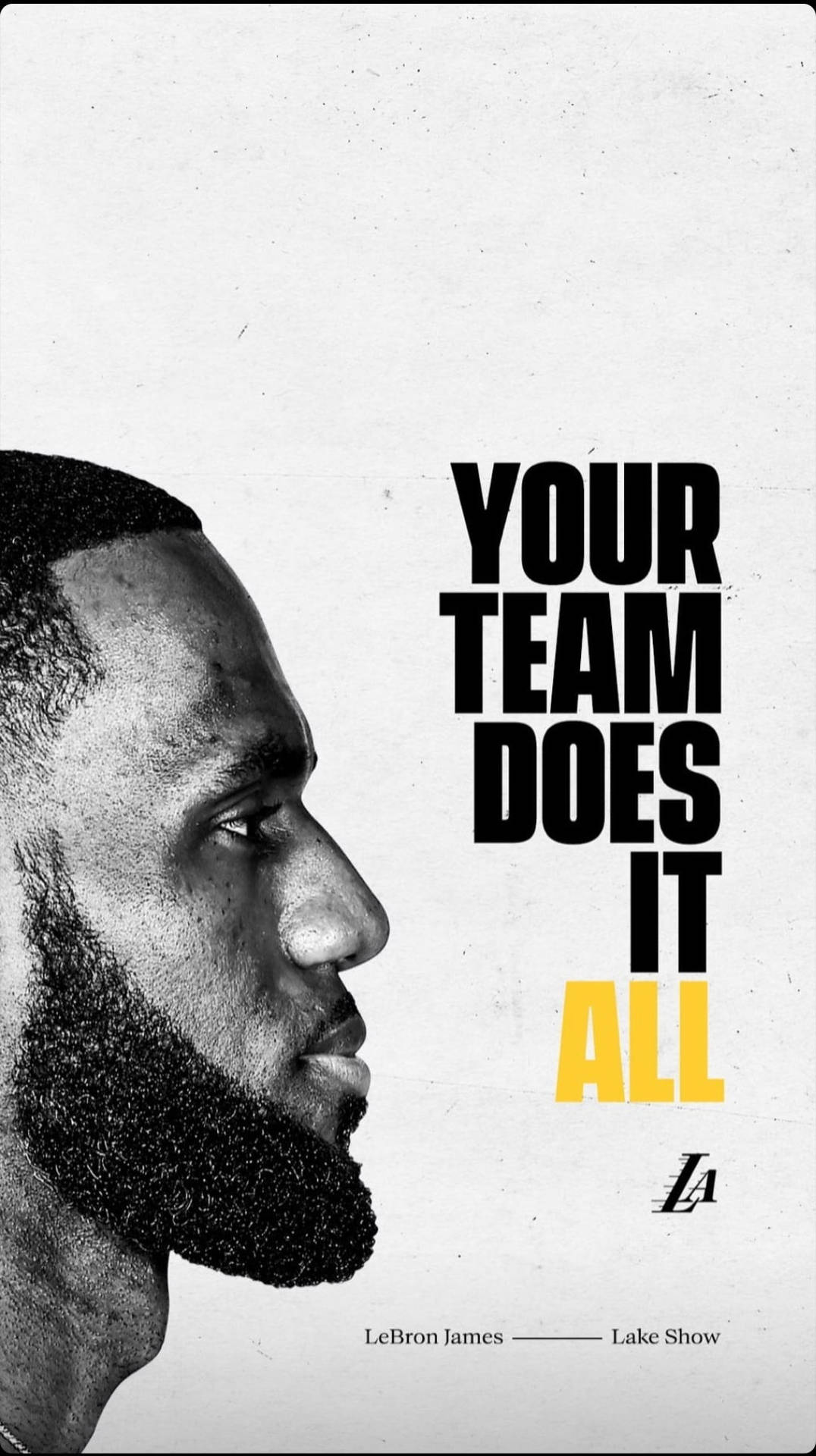勒邦占士的側面肖像，附有勵志文字Your Team Does It All。