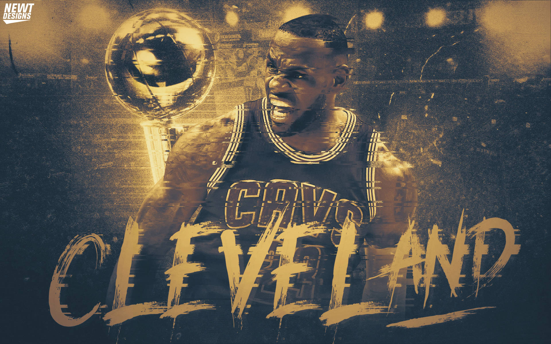 勒邦占士身穿騎士隊球衣，手持帶有「CLEVELAND」文字的獎盃。
