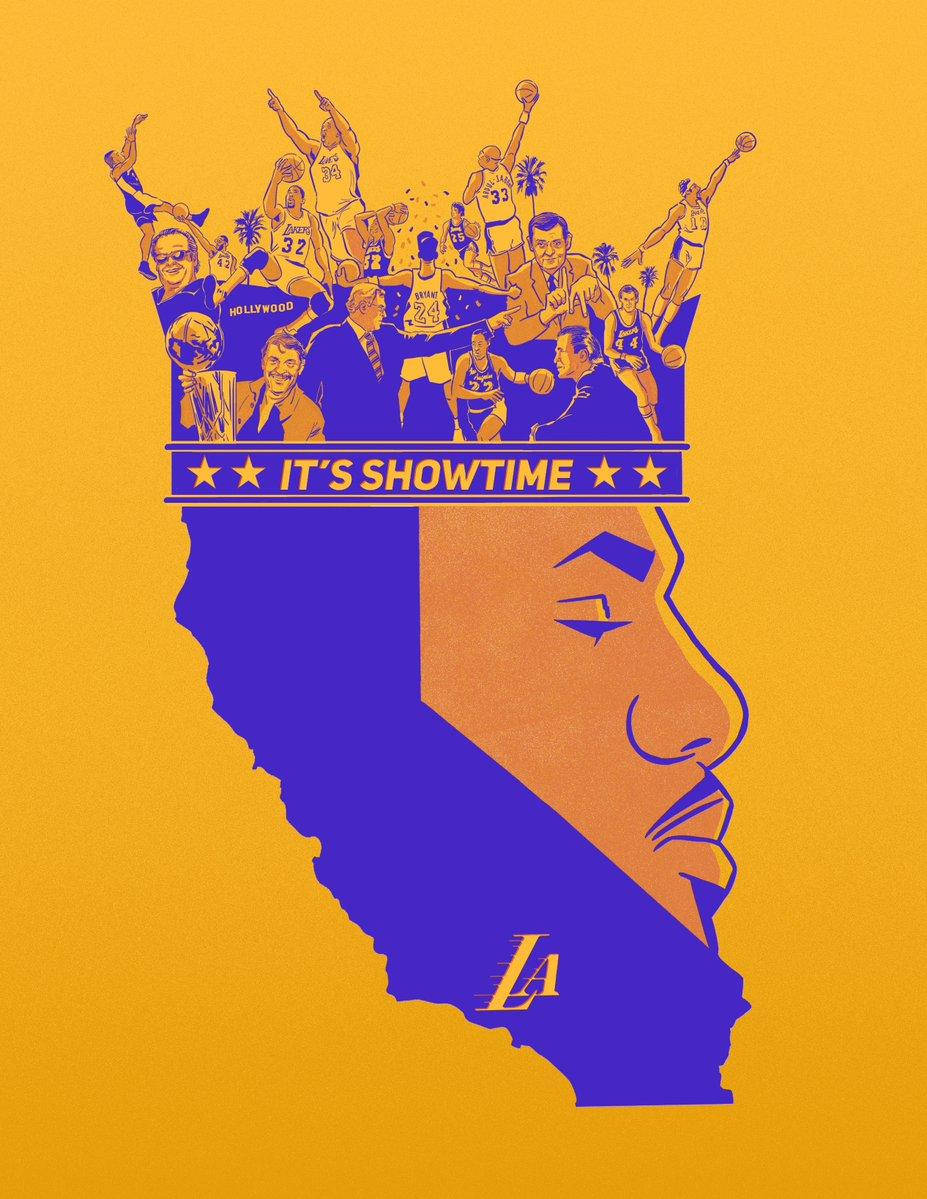 加州形狀像一張臉，戴著湖人球員和教練的皇冠，並有「IT'S SHOWTIME」橫幅。