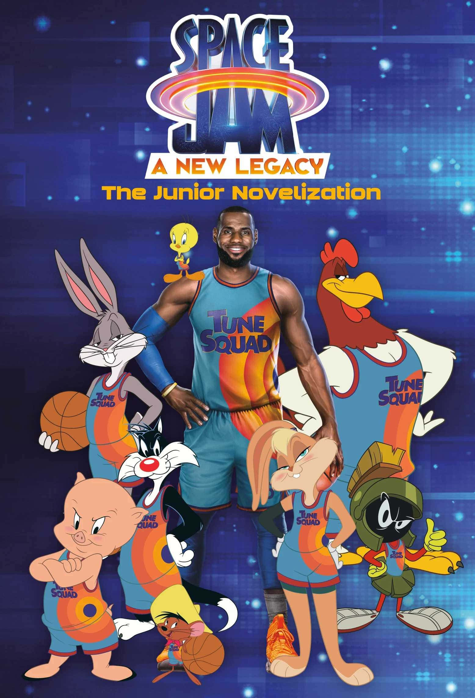 Space Jam 桌布 壁紙 — 勒邦占士與《太空也入樽：改朝換代》籃球球衣的樂一通角色站在星空藍色背景前。