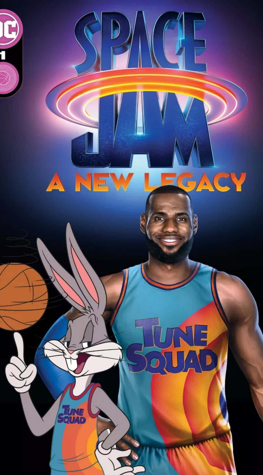 Space Jam 桌布 壁紙 — 勒邦占士與賓尼兔身穿Tune Squad球衣，在發光的Space Jam標誌背景前自信地擺姿勢。