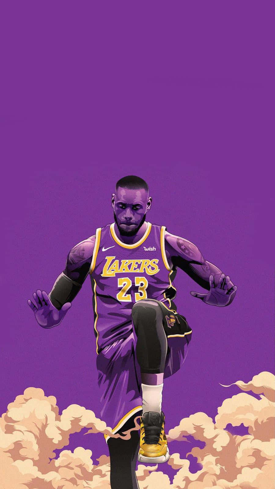 NBA 2k20 桌布 壁紙 — 勒邦占士身穿湖人球衣，在純紫色背景上躍過雲層的風格化數碼藝術。