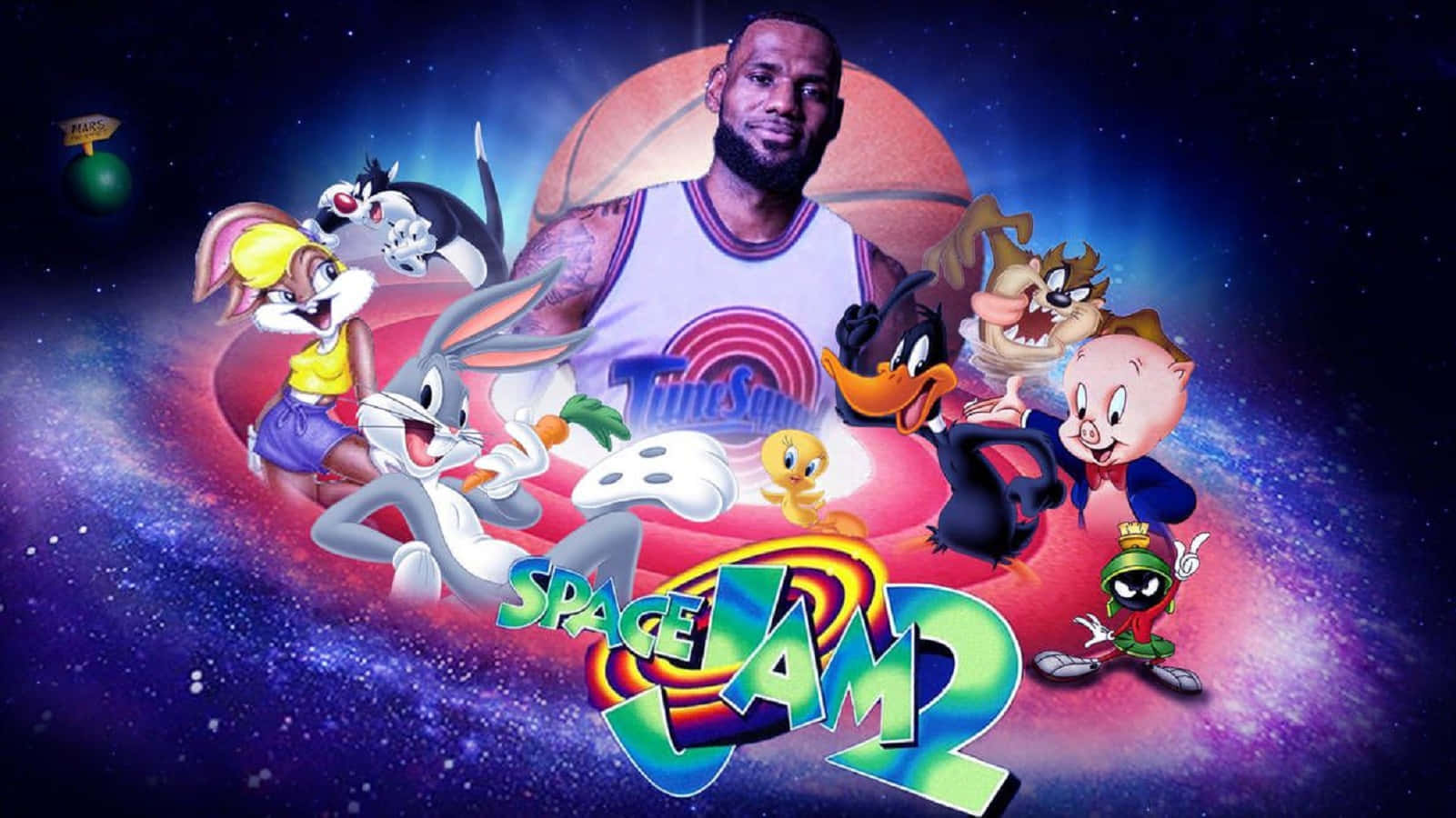 Space Jam 桌布 壁紙 — 勒邦占士身穿籃球球衣，與樂一通角色站在宇宙星空背景下，帶有太空也入樽2標誌。
