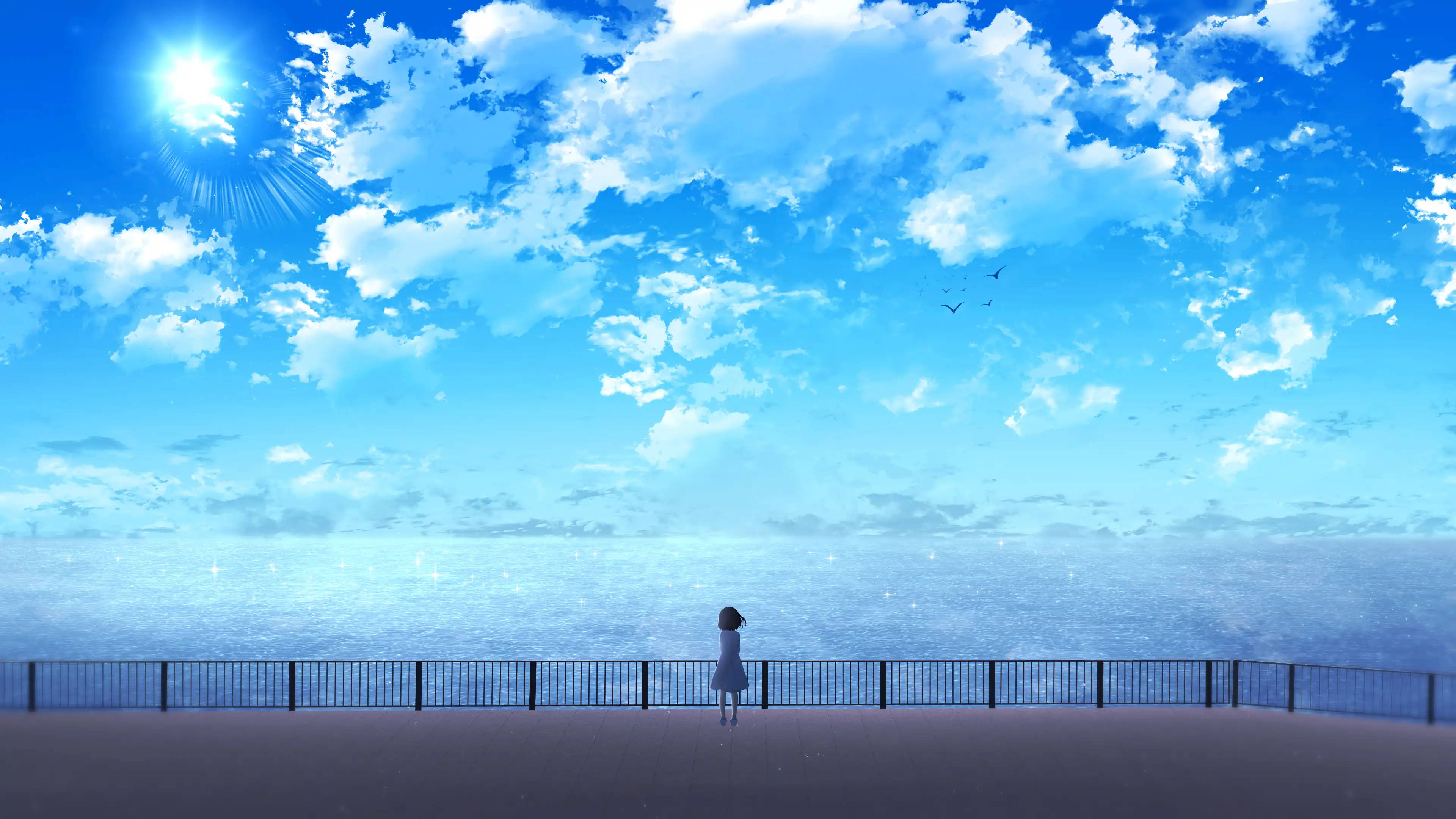動人動漫海景背景 壁紙 — 一個孤獨的女孩穿著白色連衣裙，站在海邊碼頭上，頭頂是廣闊的藍天，有蓬鬆的雲朵和明亮的太陽。