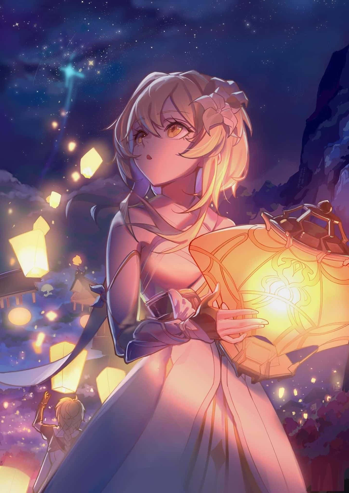 動漫女孩在繁星點點的夜空下提著發光燈籠，周圍有漂浮的光芒。
