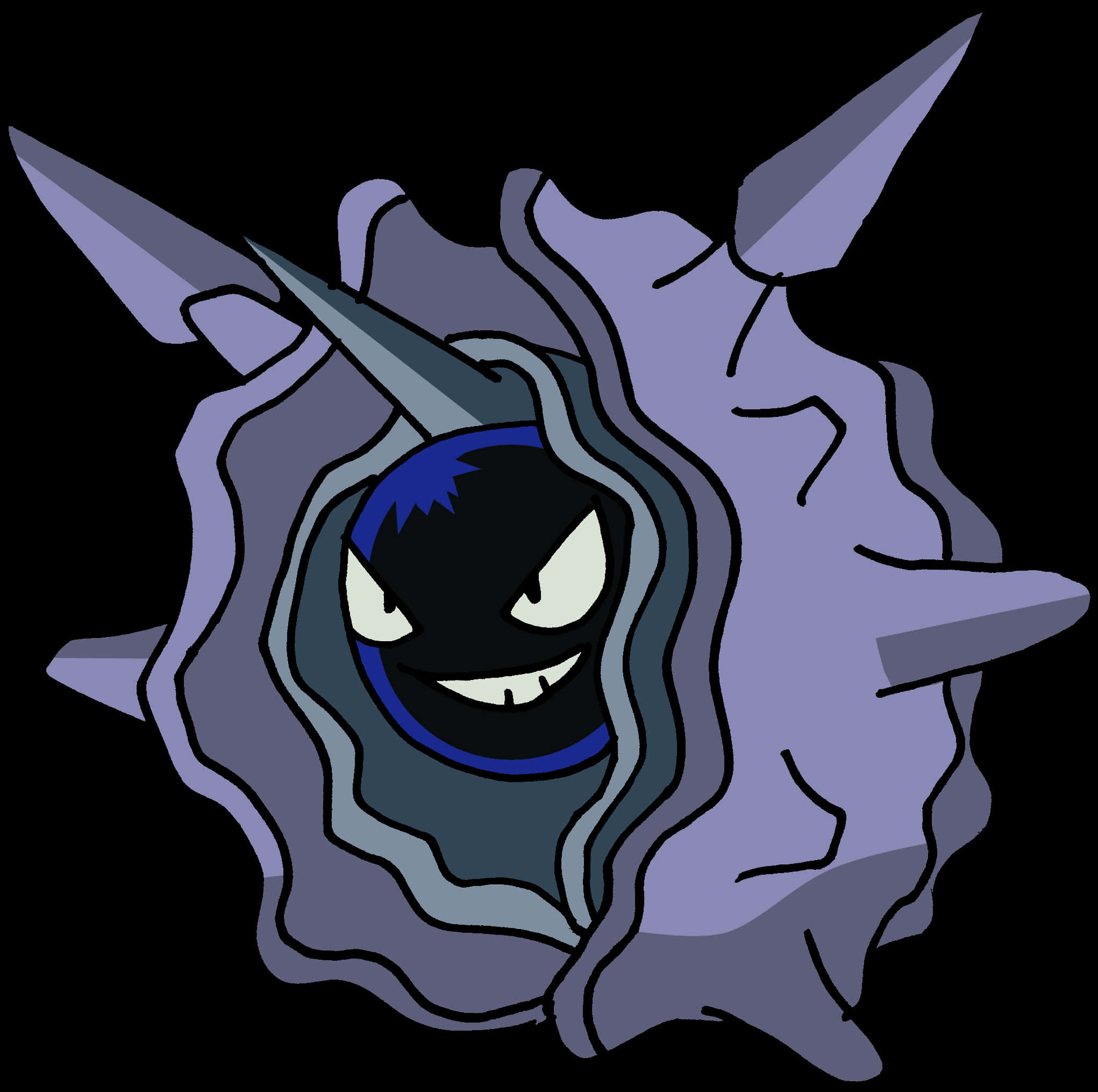 動感 Cloyster 壁紙 — 一個卡通風格的紫色尖刺生物，有著發光的白色眼睛和頑皮的笑容，在黑色背景下從殼中探出頭來。