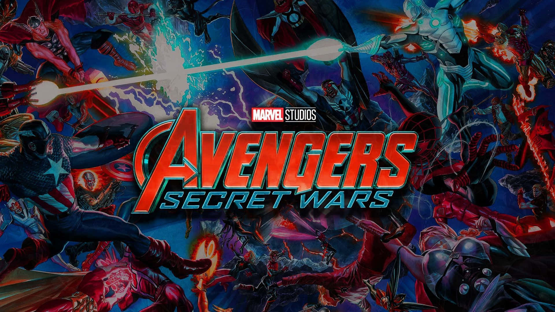 Secret Wars 桌布 壁紙 — 動感Marvel Avengers Secret Wars海報，英雄與反派在充滿活力的宇宙混亂中戰鬥。