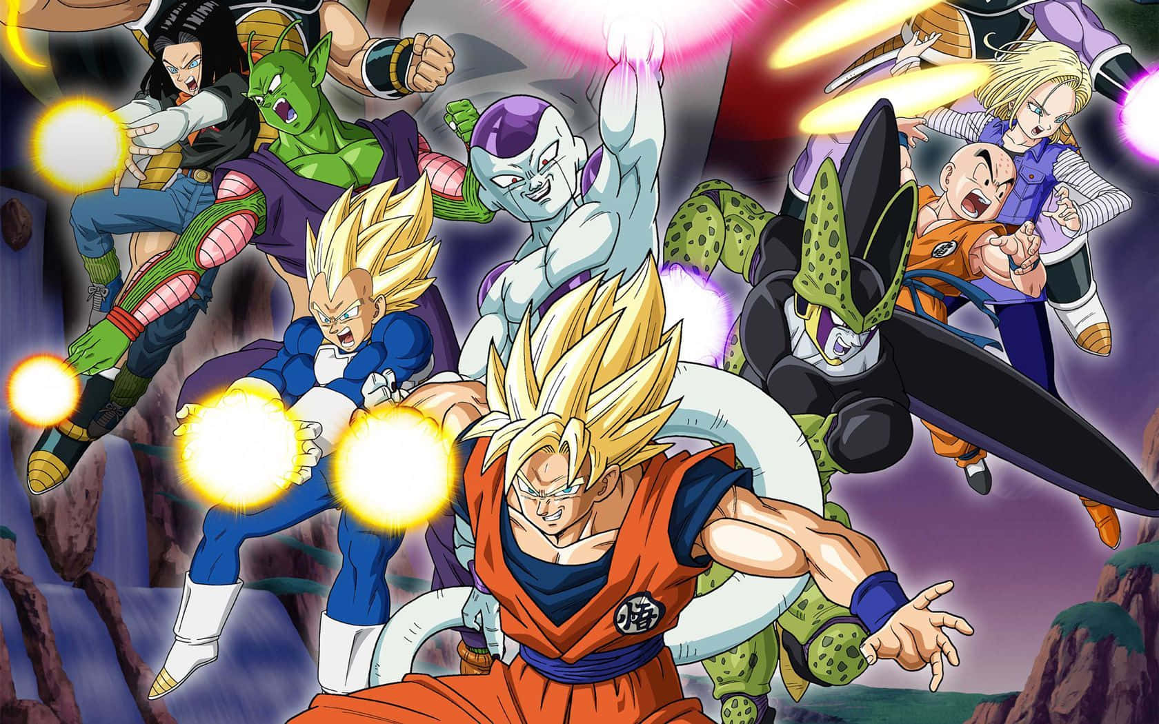 Dragon Ball Fighterz 桌布 壁紙 — 動感動漫戰士在岩石峽谷戰鬥場景中釋放出發光的能量爆炸。
