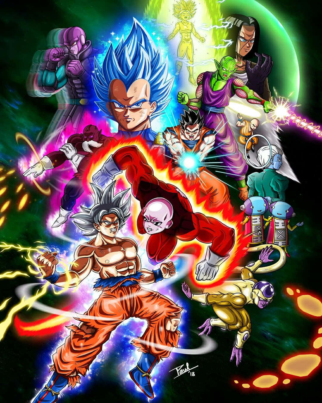 Tournament Of Power 桌布 壁紙 — 動感動漫戰士在旋轉星星和鮮豔色彩爆發的宇宙背景下釋放發光能量爆炸。