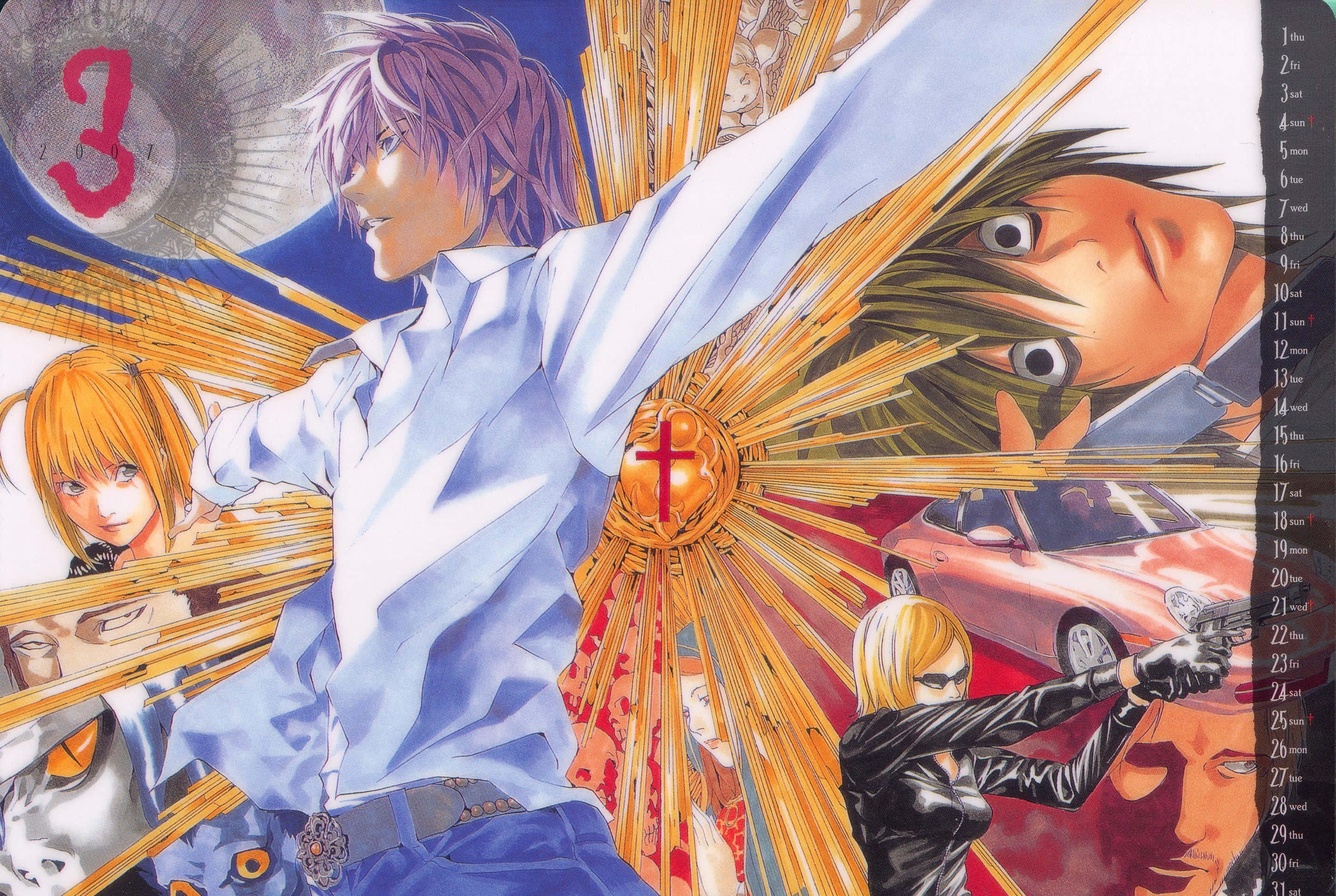 Death Note Wedy 桌布 壁紙 — 動感動漫角色從金色光芒中迸發而出，背景是藍天、紅色數字三和一輛汽車。