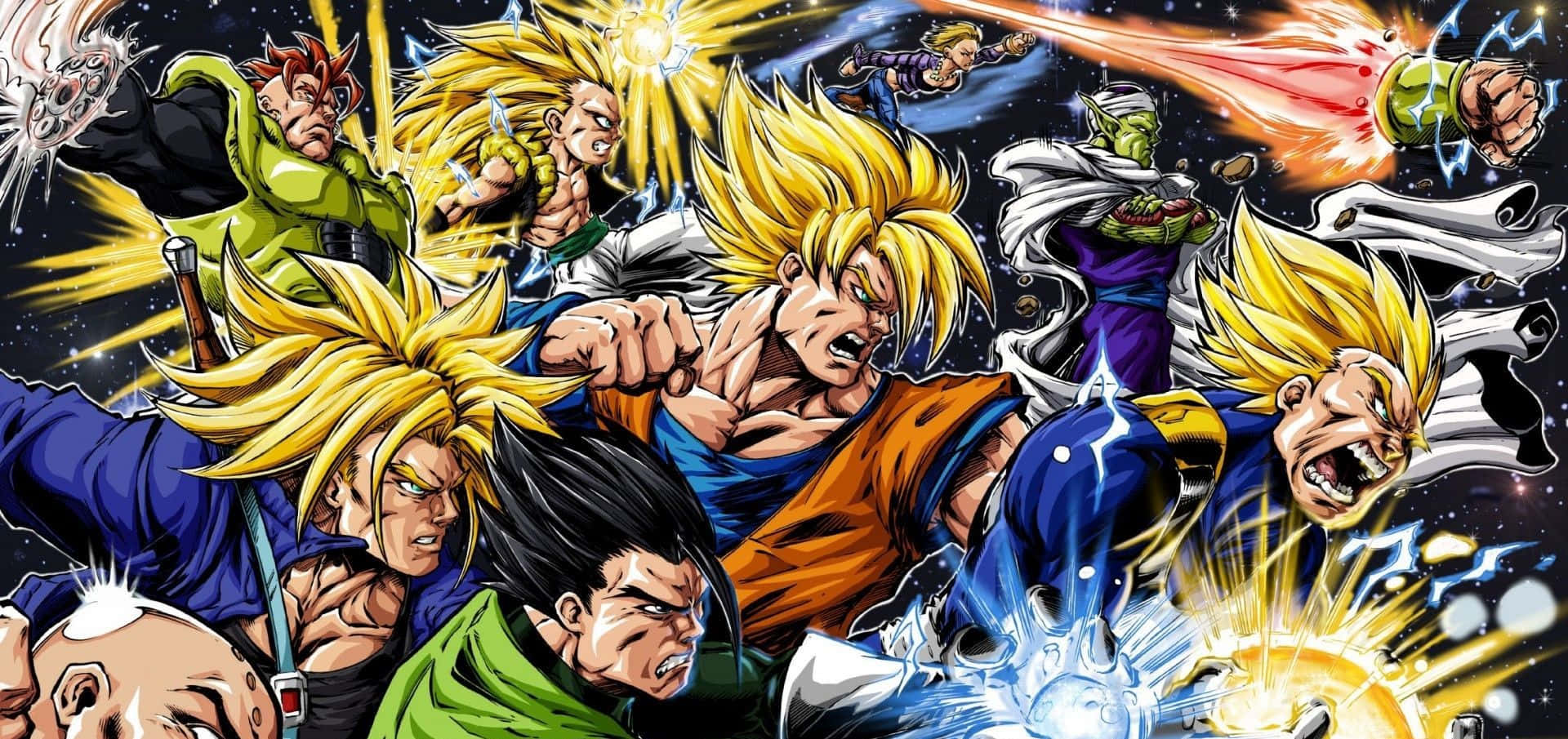 Dragon Ball Super Universe 6 桌布 壁紙 — 動感動畫戰士在星空背景下於宇宙戰鬥中釋放能量爆炸。