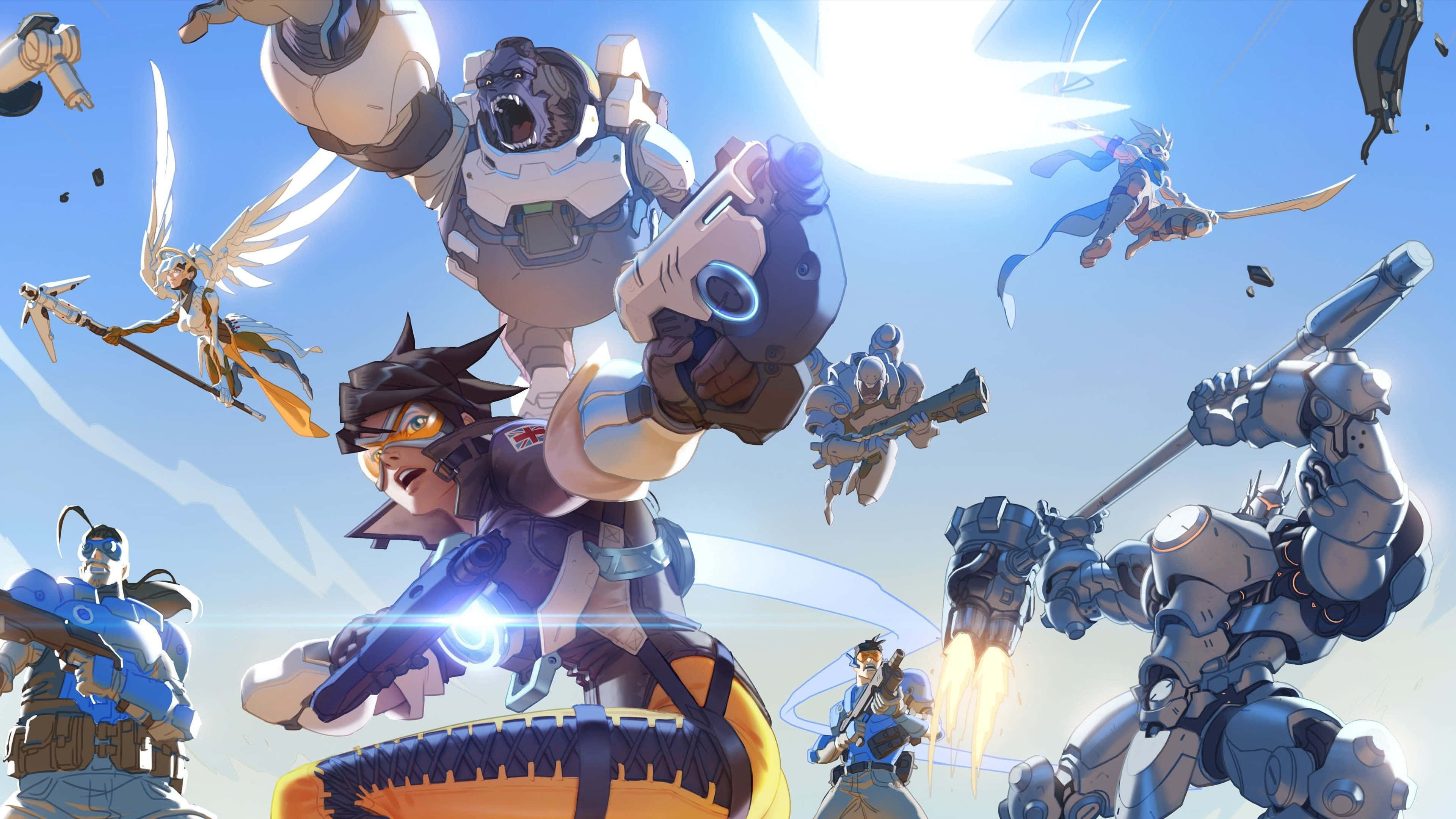 Aesthetic Overwatch 桌布 壁紙 — 動感十足的《鬥陣特攻》英雄在明亮的藍天下戰鬥，帶有發光的能量效果。