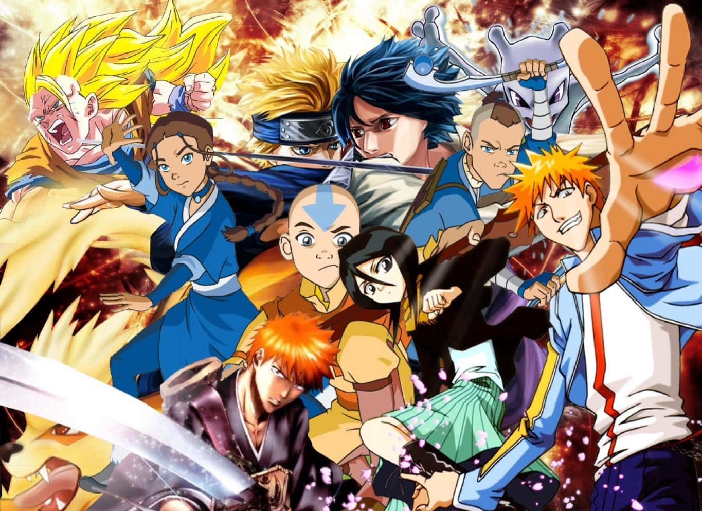 Anime Collage 桌布 壁紙 — 動感十足的動漫英雄以戰鬥姿勢呈現，背景是熾熱爆炸和發光能量效果。