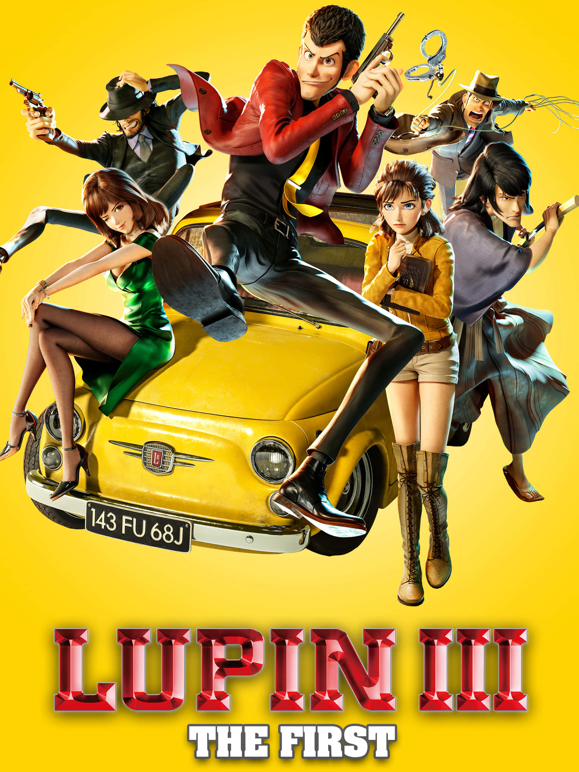 Lupin Iii Laetitia Bresson 桌布 壁紙 — 動感十足的動漫角色以動作姿勢包圍著一輛黃色復古車，背景為明亮的黃色。