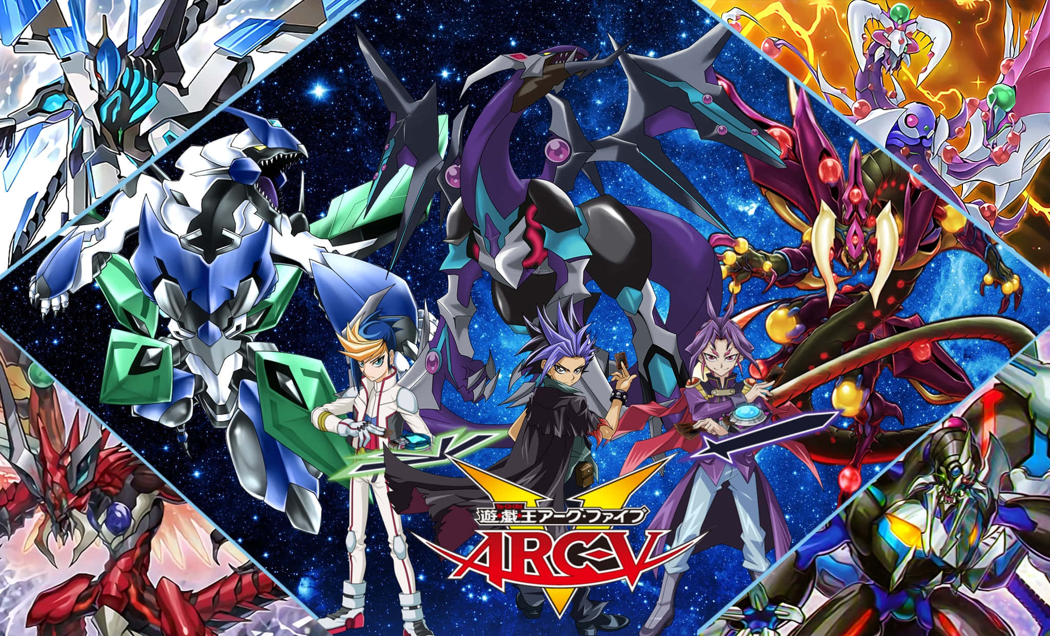 Yu-gi-oh Yuto 桌布 壁紙 — 動感十足的動漫角色和巨型機甲在宇宙星空中展開一場充滿活力的高能量戰鬥場景。