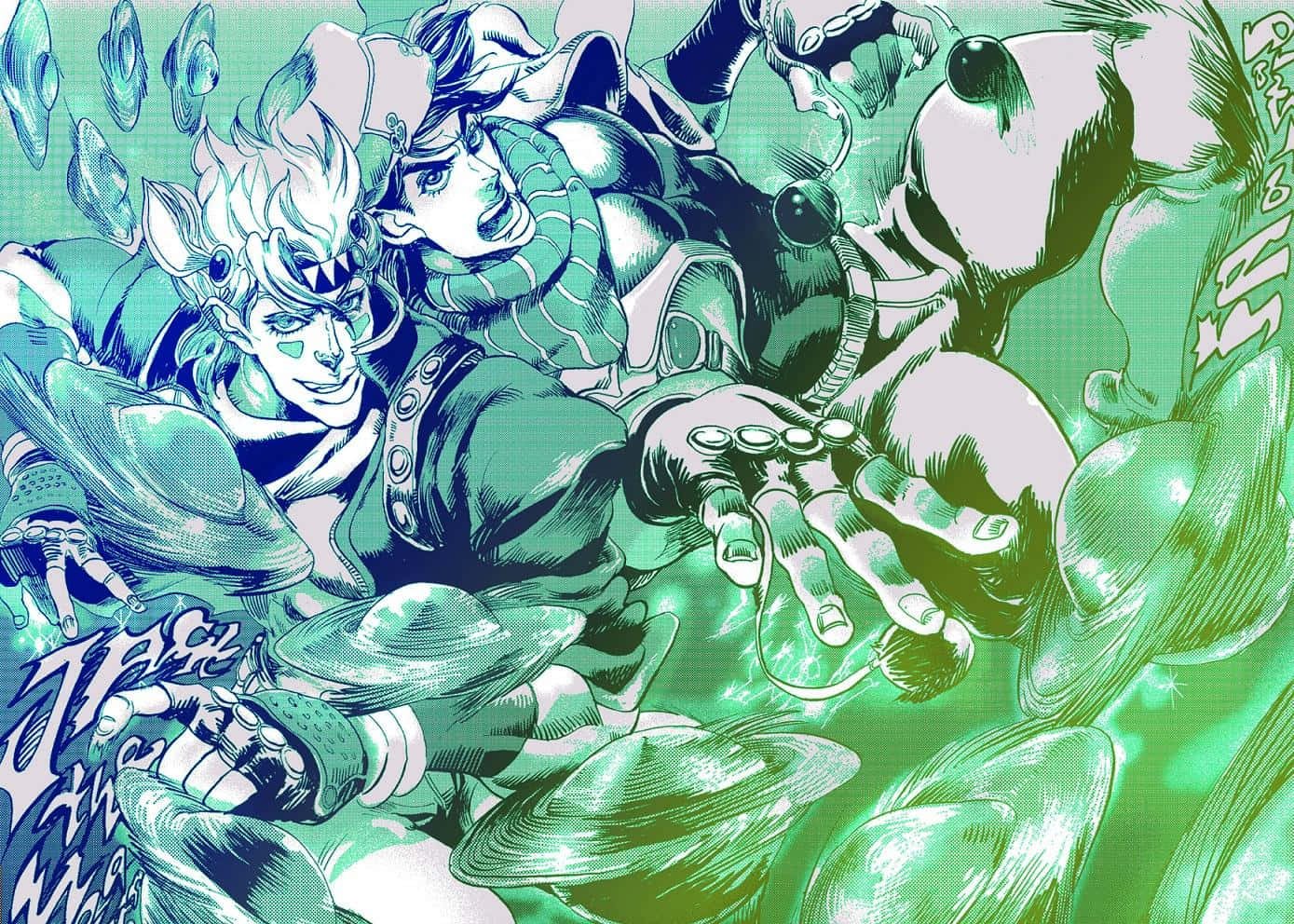 joseph joestar 桌布 壁紙 — 動感十足的動漫角色在充滿活力的綠色和藍色戰鬥場景中碰撞，帶有漂浮的帽子和充滿活力的運動線條。