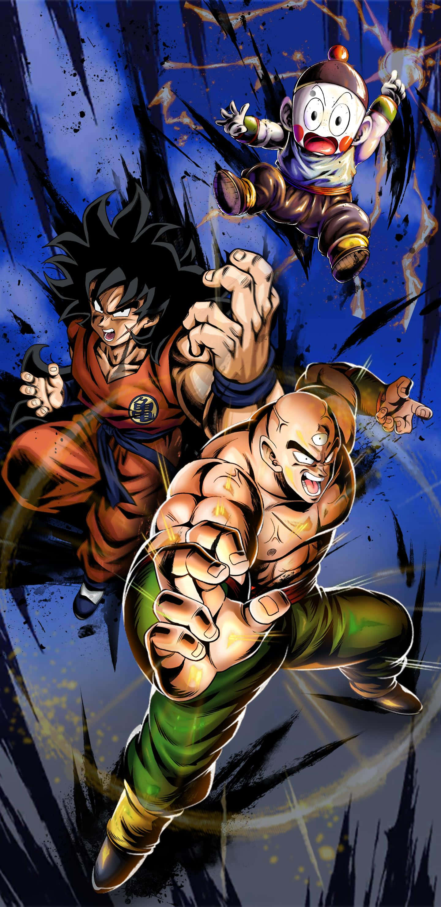 Yamcha 桌布 壁紙 — 動感十足的動漫角色在深藍色背景上，伴隨著爆炸性能量效果在空中碰撞。
