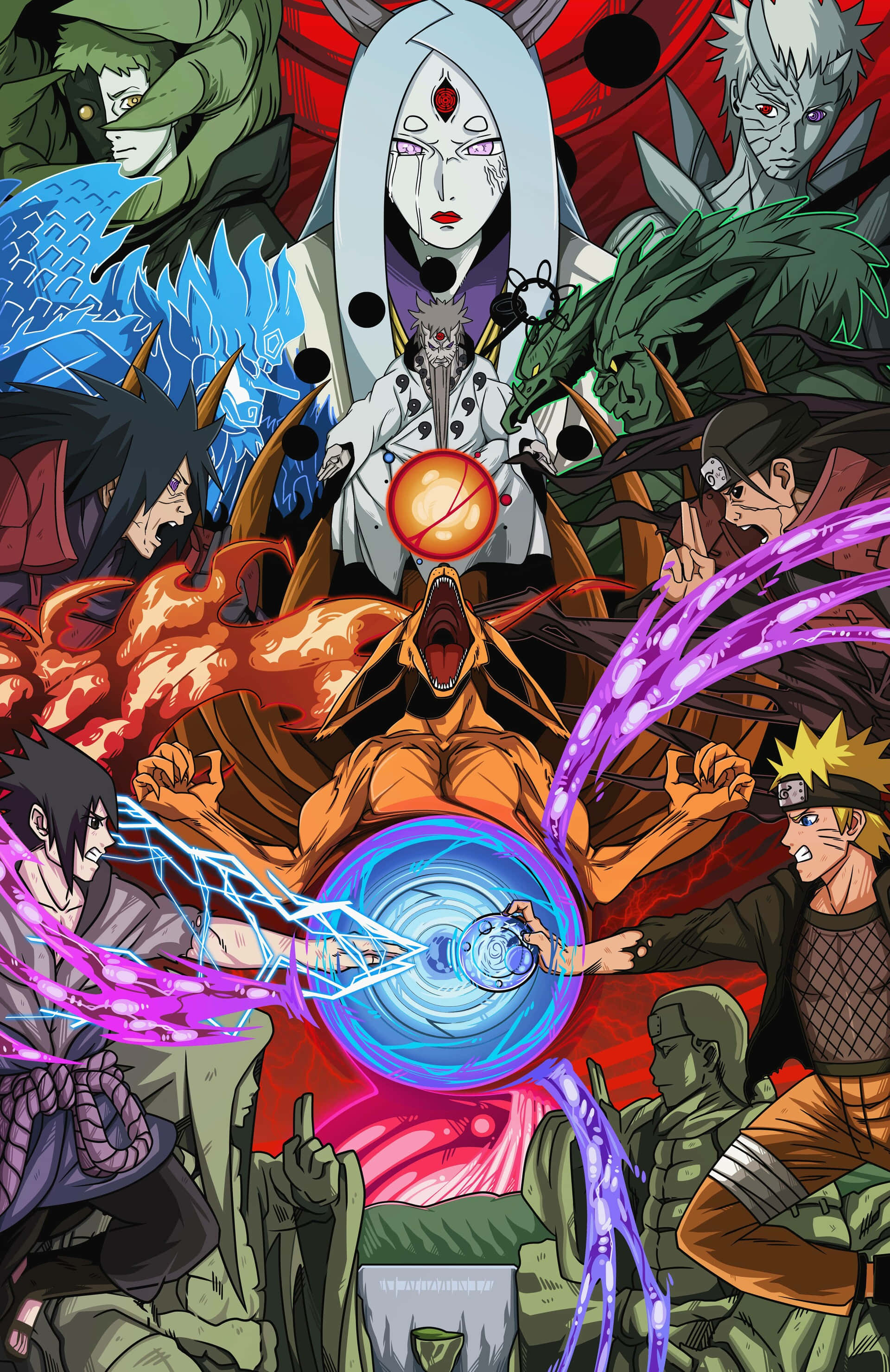 4th Great Ninja War 桌布 壁紙 — 動感十足的動漫角色在混亂的戰鬥場景中釋放出色彩繽紛的查克拉攻擊，伴隨著充滿活力的能量效果。