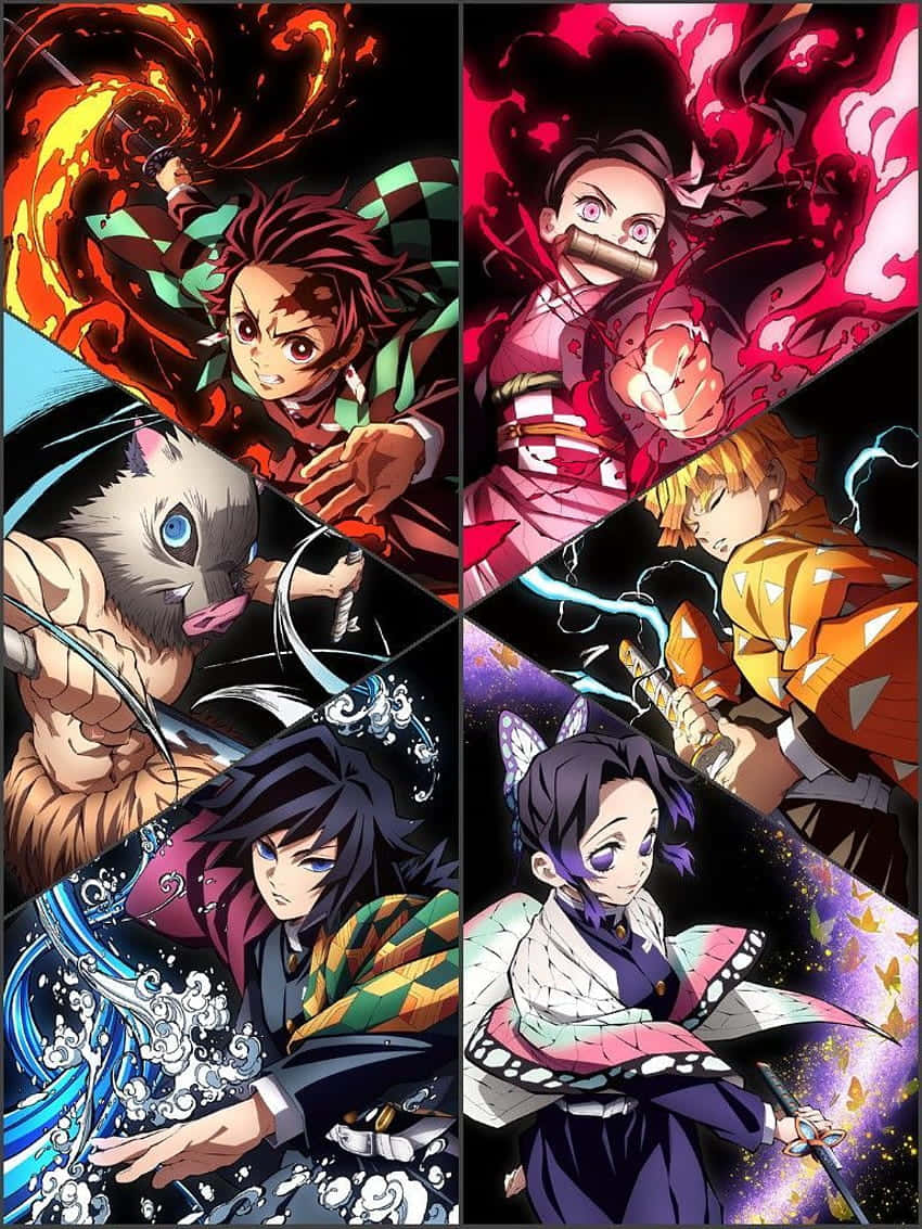 Demon Slayer Corps 桌布 壁紙 — 動感十足的動漫角色在火焰、電光、水域和陰影領域中施展超自然力量。