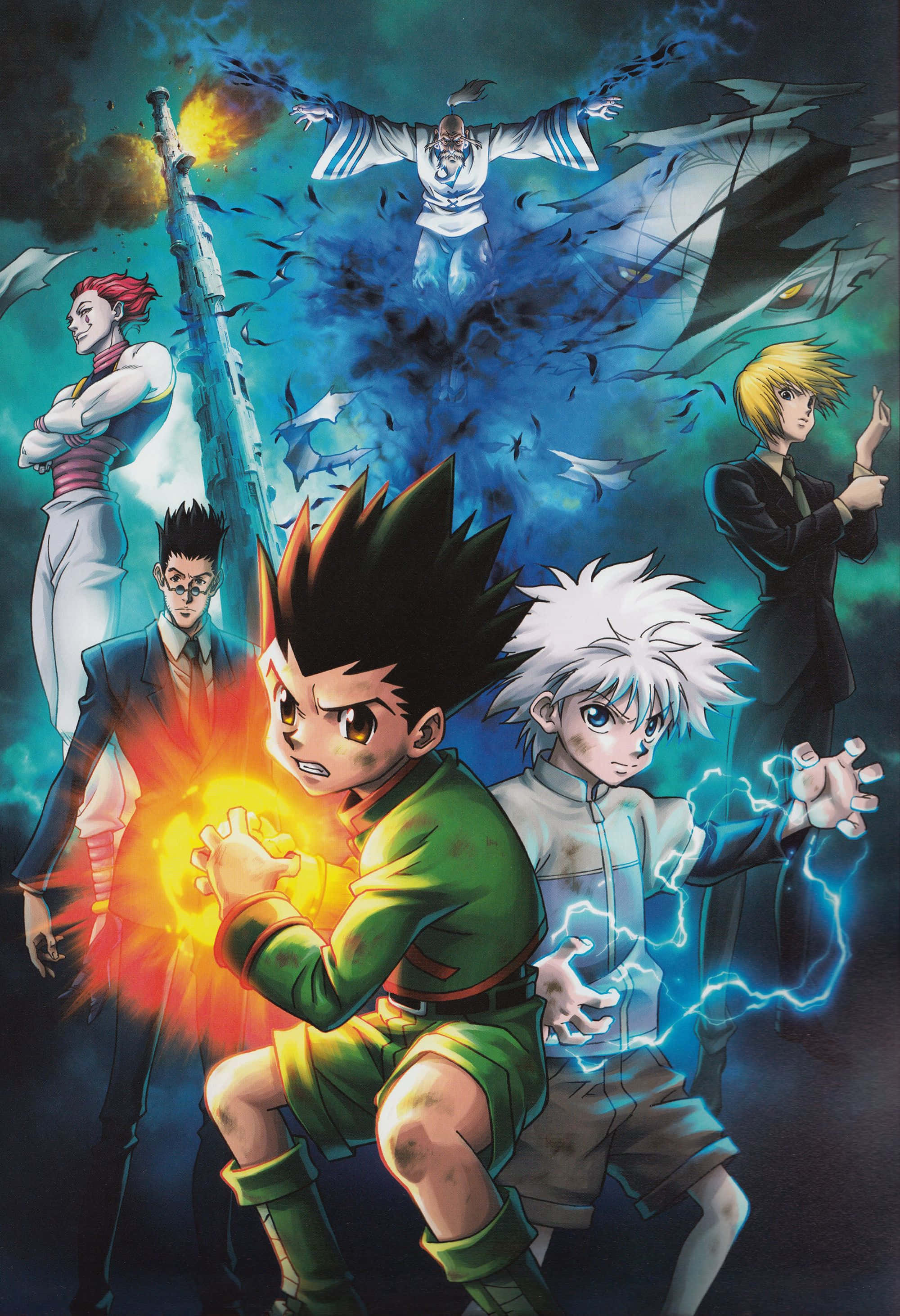 Leorio Paradinight 桌布 壁紙 — 動感十足的動漫角色在風暴般的宇宙背景下釋放發光的力量，伴隨著漂浮的碎片和戲劇性的燈光。